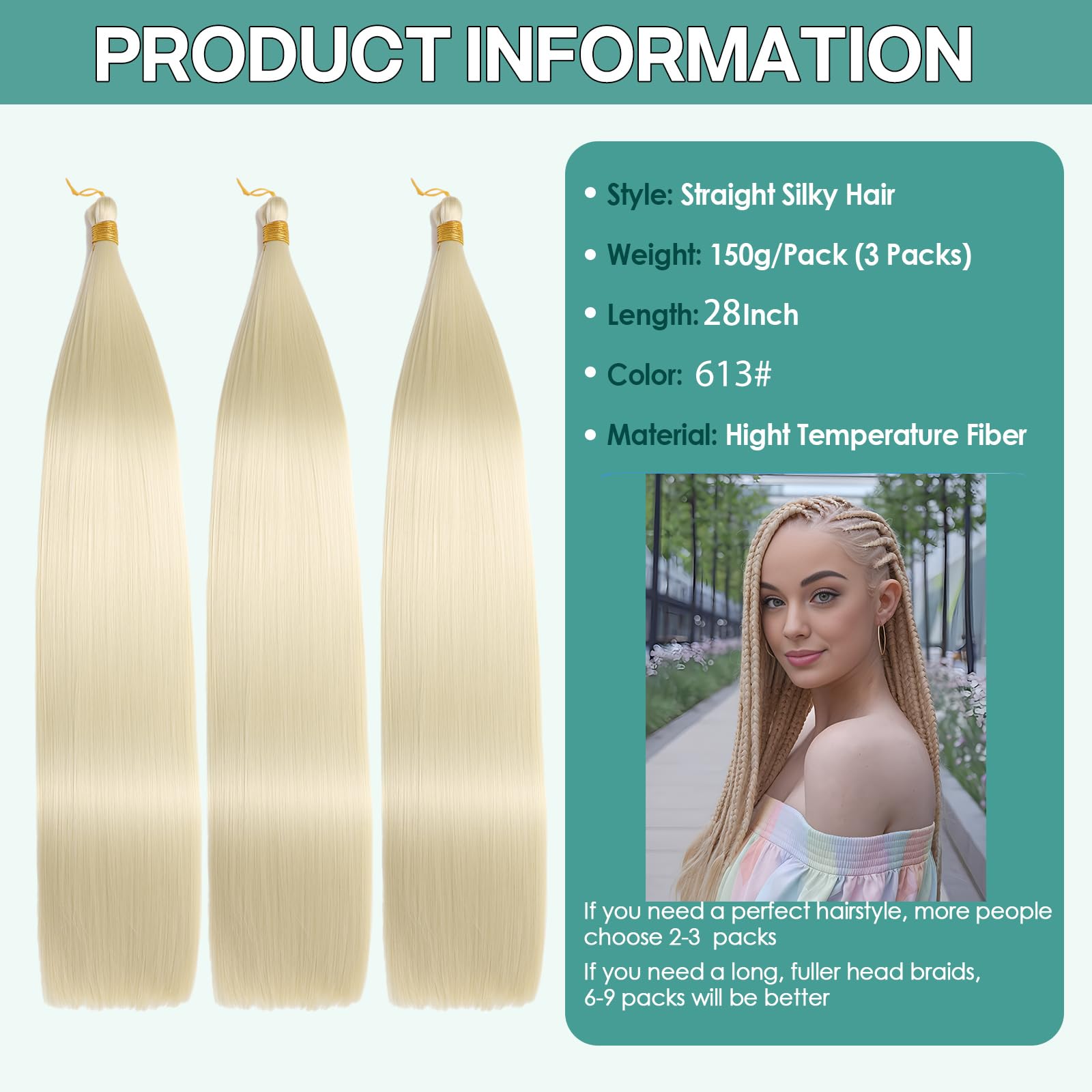 Locescsoc 28 Inch Straight Hair Extensions 150g 3 Packs Bone Straight Braiding Hair - Image 2