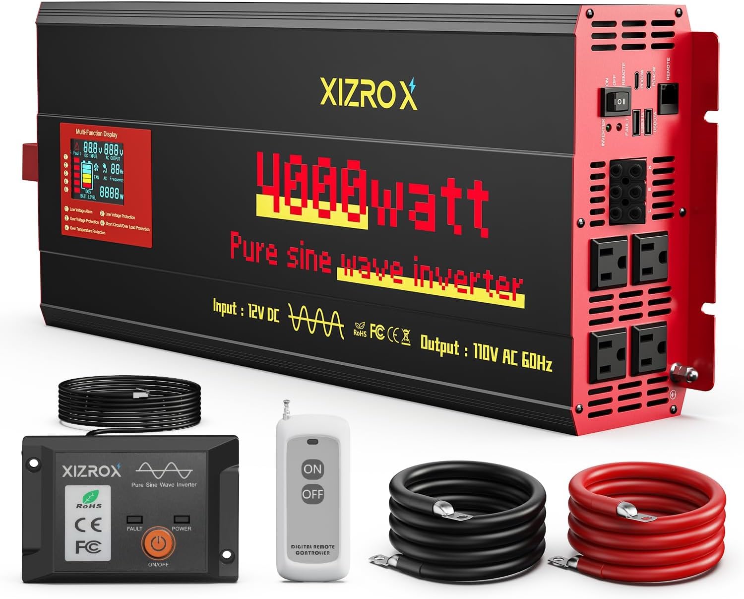 4000W Pure Sine Wave Inverter, 12V DC to 110/120V AC, 9-Port Power Inverter with 4 AC Outlets, 2 USB, 2 Type-C (60W+45W Fast Charging), LED Display, Wireless/Wired Remote for RV, Camping, Outdoor