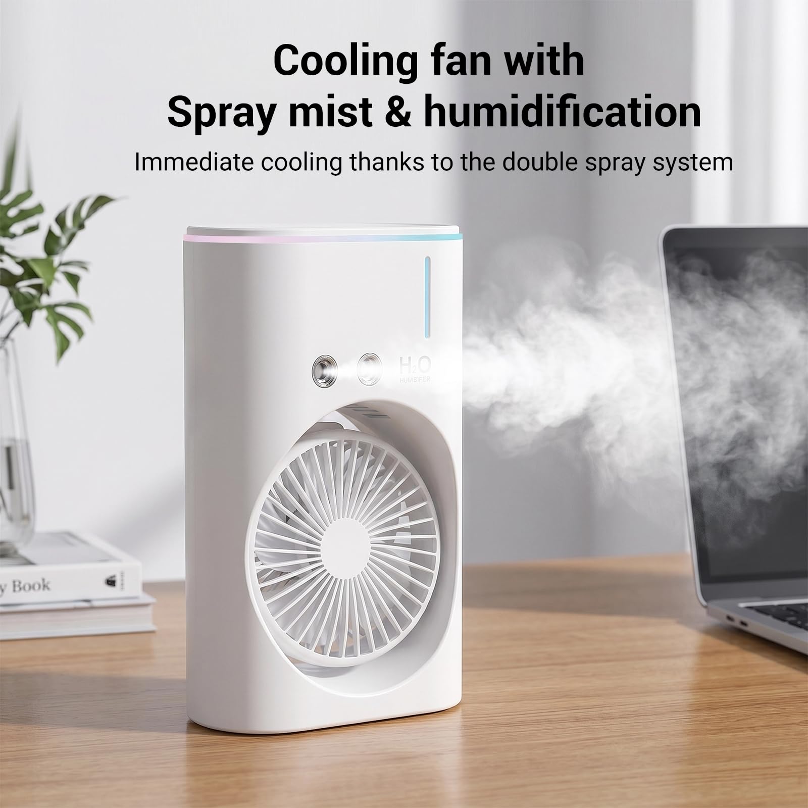 EXTRASTAR Ventilador de niebla portátil, ventilador de carga USB con tanque de agua, iluminación RGB, tanque de 280 ml, ideal para oficina, viajes y actividades de plei