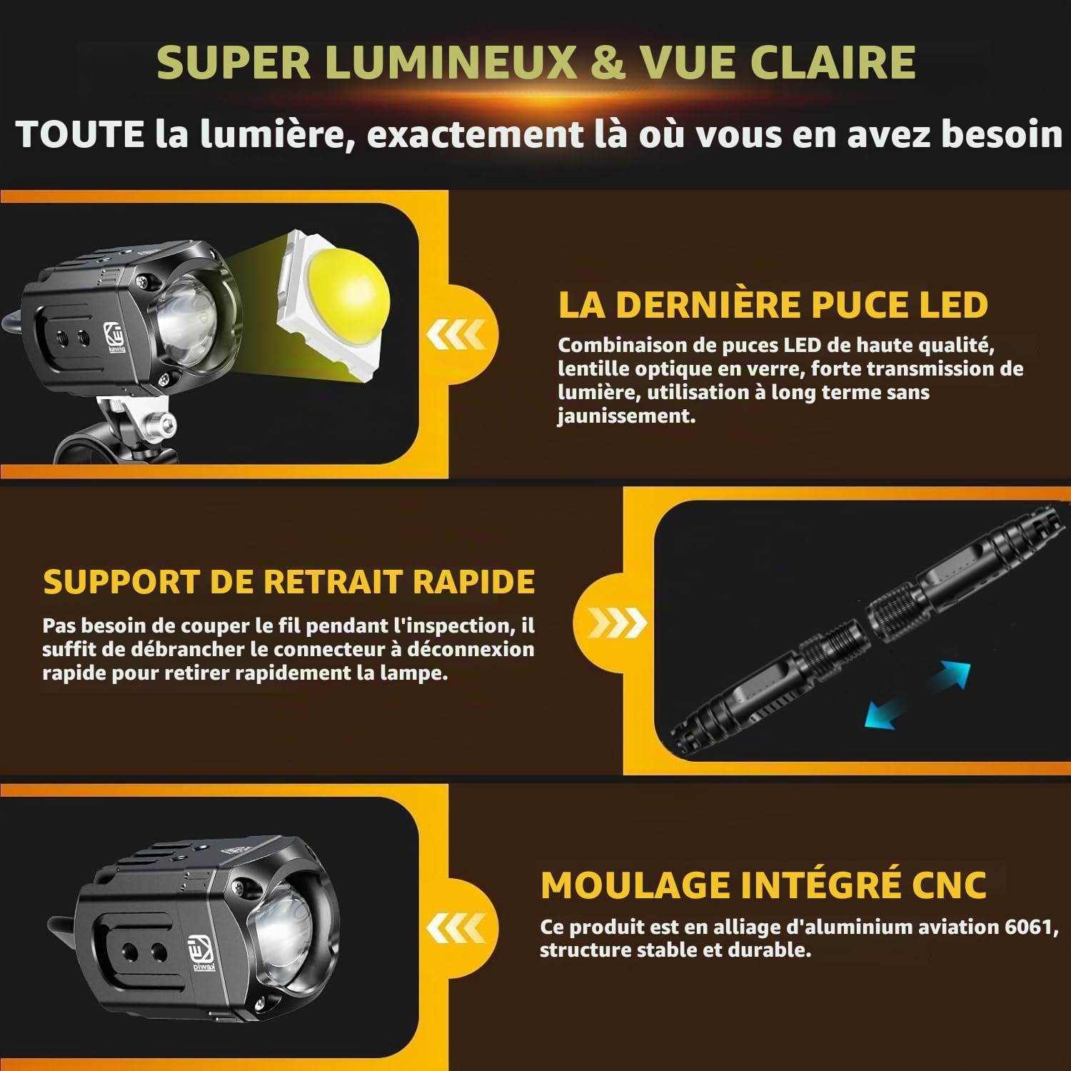 Kewig Éclairage supplémentaire LED pour moto, 60 W, ambre/jaune blanc, phares auxiliaires bicolores, phares antibrouillard avec faisceau de câbles, phares de travail tout-terrain, compatible avec