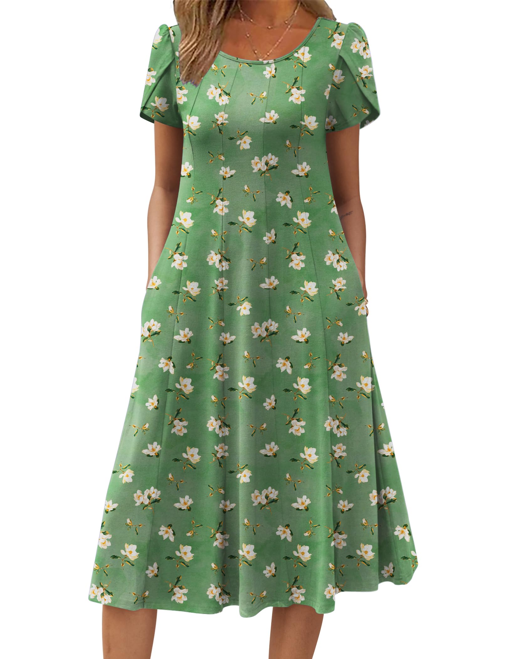 Zeagoo Sommerkleid Damen Elegant Kleid A-Linie Blumenkleid Kurzarm Rundhals Midikleid Casual Strandkleid mit Taschen Grün Druck XL