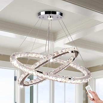 Finktonglan Crystal Chandelier, Modern LED Chandelier with Remote Control, Oval Ceiling Light, 2 Rings, 56 cm 32 cm, 3 Colour