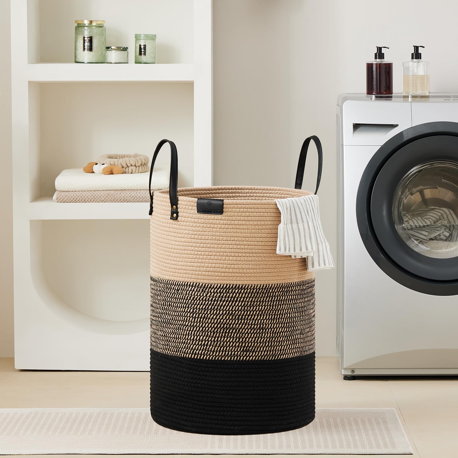 VIPOSCO Tall Laundry Basket, Large Dirty Clothes Hamper with Leather Handle, Woven Rope Storage Basket for Blanket, Toy In Living Room, Bathroom, Bedroom - 100L Brown & Black