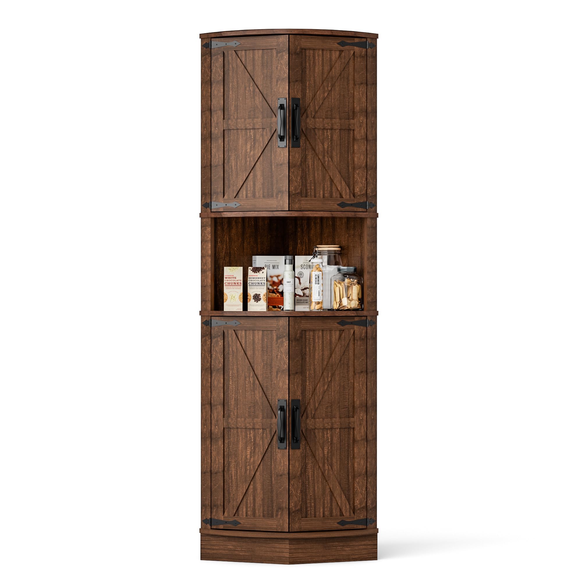 BonVache Küchenschrank Hoch, Eckschrank, Badezimmerschrank Schmal, Eckregal mit 4 Türen und 5 Ablageflächen, 165cm Aufbewahrungsschrank Holz, Hochschrank für Küche, Wohnzimmer, Esszimmer, Braun