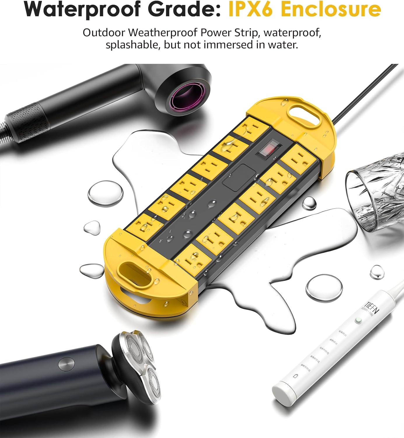 CCCEI Outdoor Power Strip Weatherproof with 12 Plug, Waterproof Extension Cord with Multiple Outlets, Christmas Exterior Garden Yard Surge Protector 6FT, Yellow