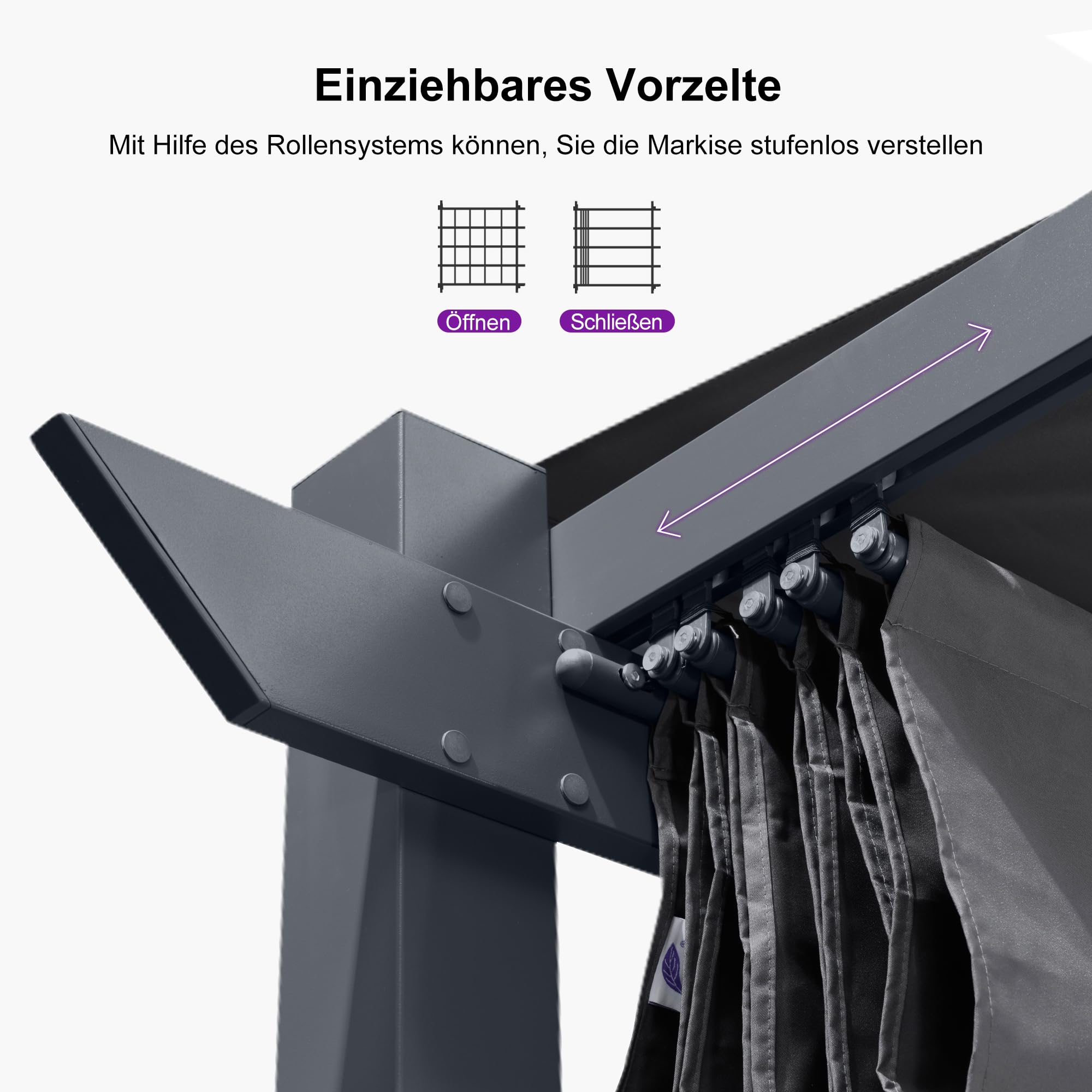 PURPLE LEAF Garten Pergola 3 x 4 m, Pavillon Aluminium Wasserdicht Sonnendach mit Schiebedach, Terrasse Pergola mit Markisenschutz, UV Beschattung, Grau