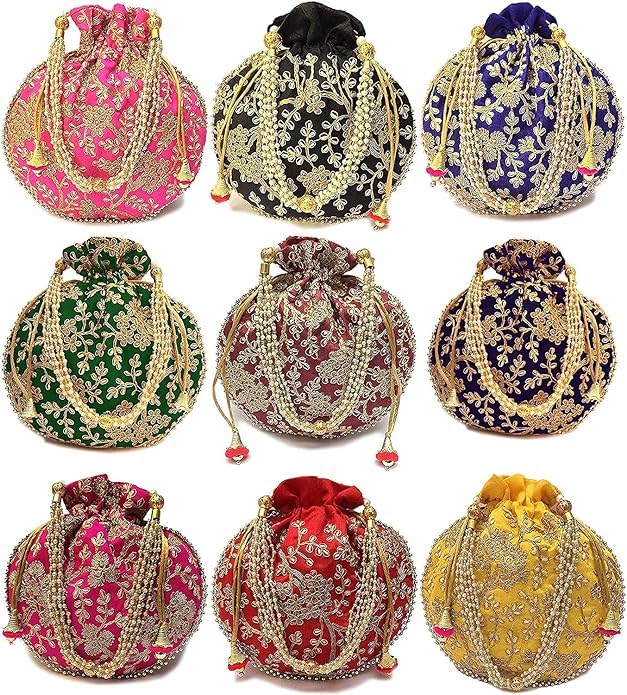 Pack of 5 Leaf Floral Design with Gold Beaded Handle Potli Batwa Bag Bridal Purse for Women Handbag Shagun Pouch for Wedding