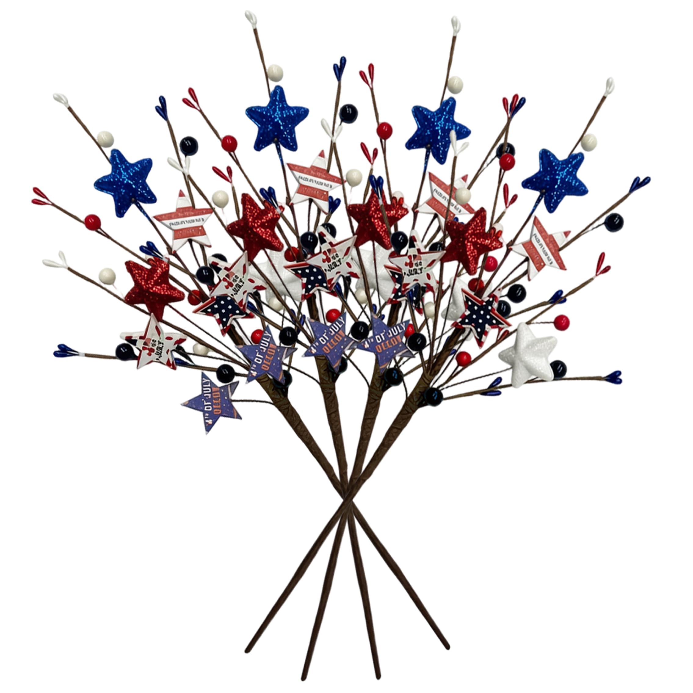 Monwssoe Artificial Flowers, Patriotic Floral Picks, 4Pcs 4th Of July Decorations Patriotic Floral Picks Red White Blue Stars & Artificial Berry Stems Bendable Branches For Memorial Day, Home Vase