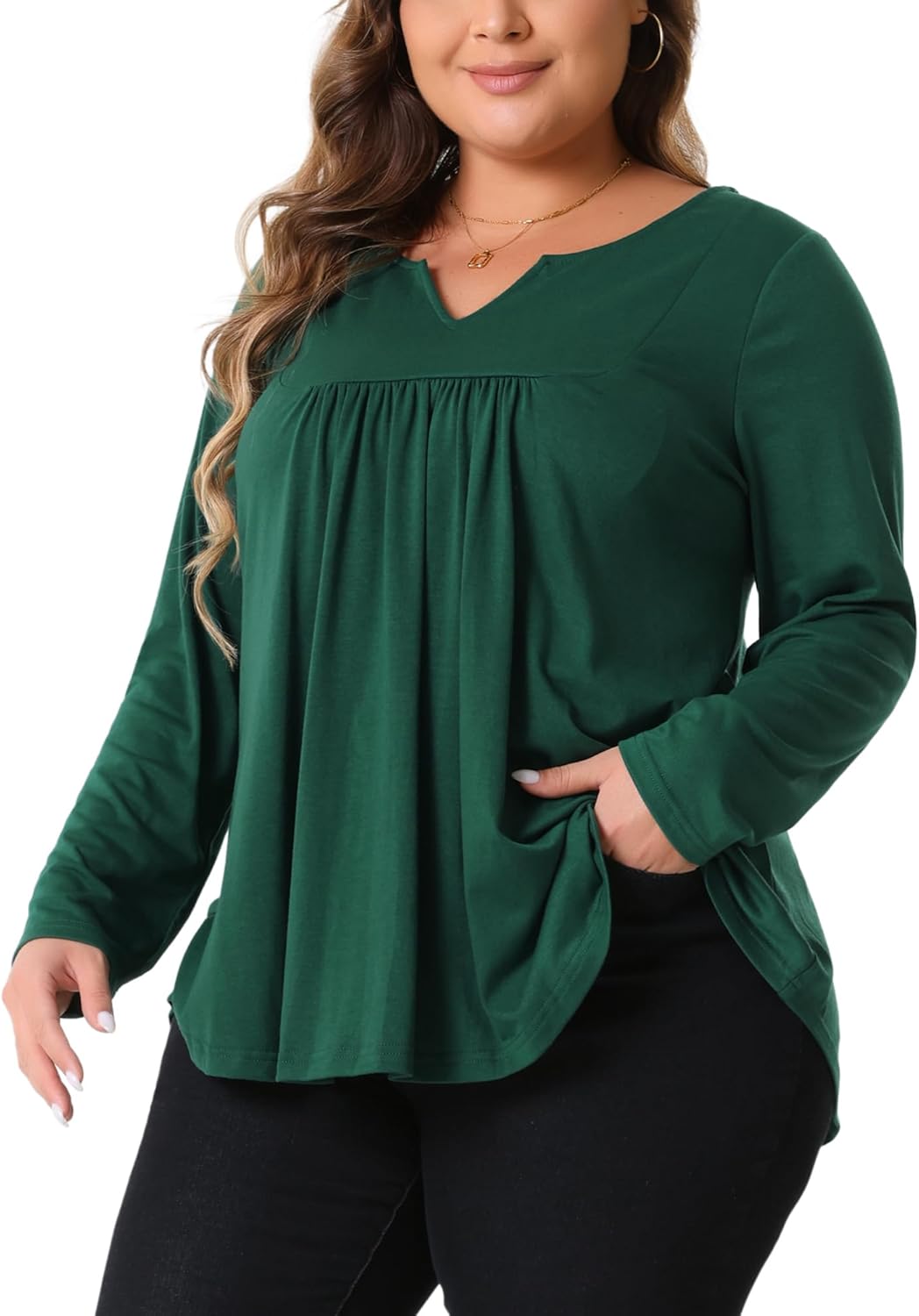 Agnes Orinda Plus Size Tops for Women Notched Neck Long Sleeve Front Pleated T-Shirt Blouses - Image 2