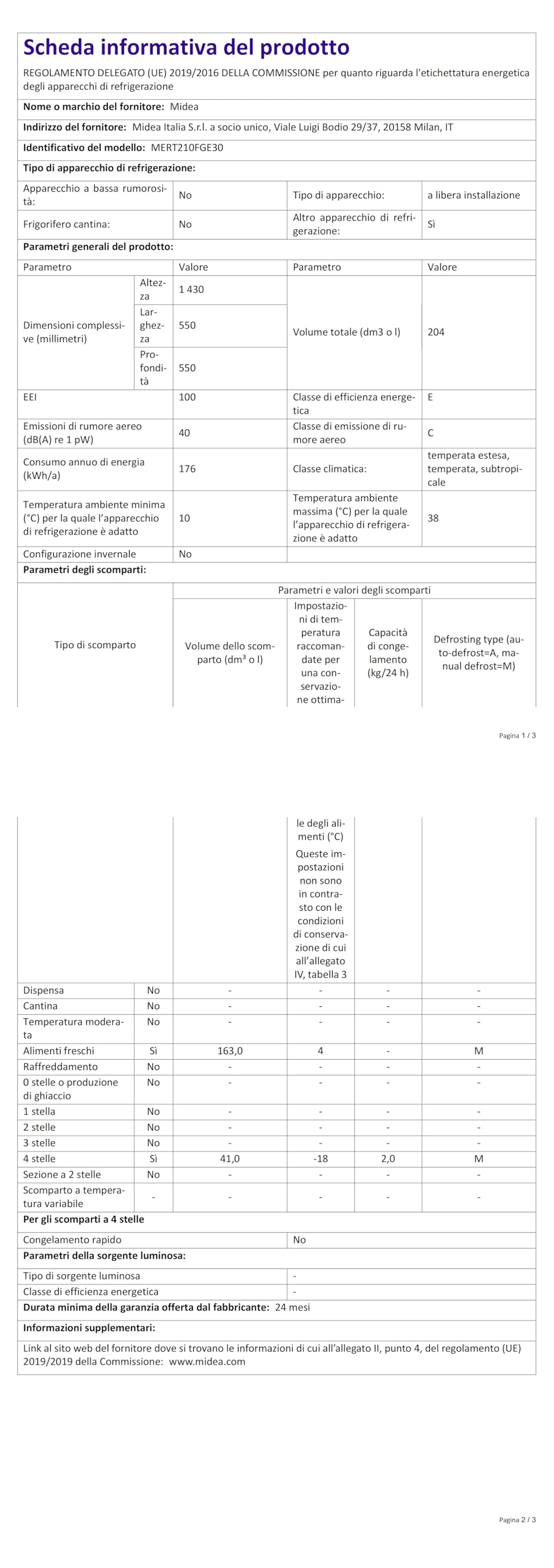 Midea MERT210FGE30 Frigo-congelatori doppia porta 204 L, Congelatore da Montare in Alto, 176kWh/annum, controllo della temperatura regolabile, Luce LED, Nero