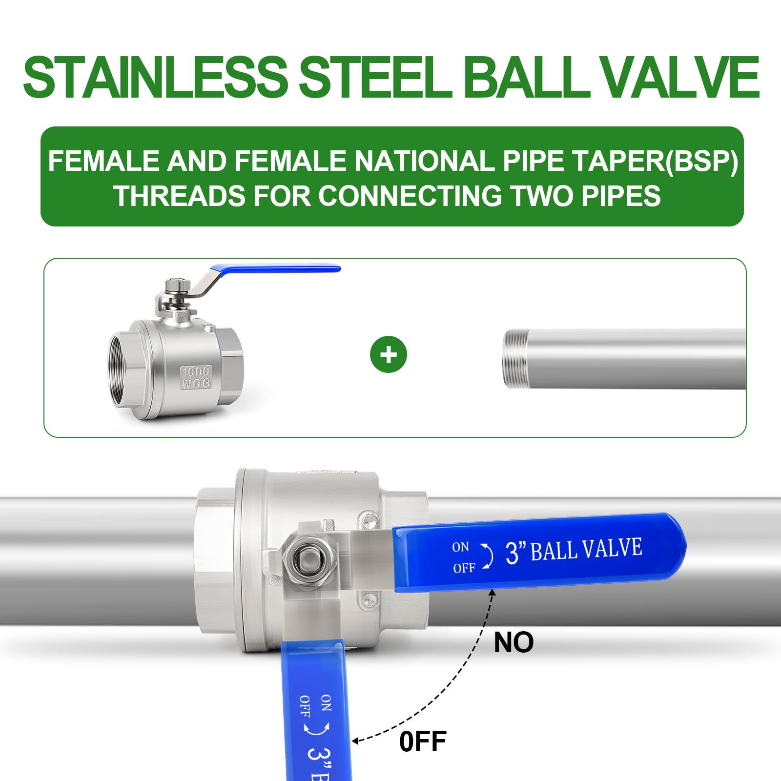 TAISHER 1 PCS Valvola a sfera a passaggio totale per impieghi gravosi da 3 pollice FBSP in acciaio inox 304 con maniglie blu