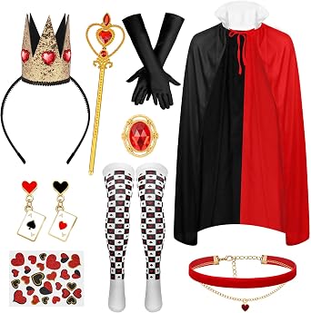 Japior 9 Pcs Red Queen Costume Set for Women Include Red and Black Cape Brooch Black Satin Gloves Stockings Necklace Earrings Queen Crown Wand and Stickers Halloween Wonderland Fancy Dress Up
