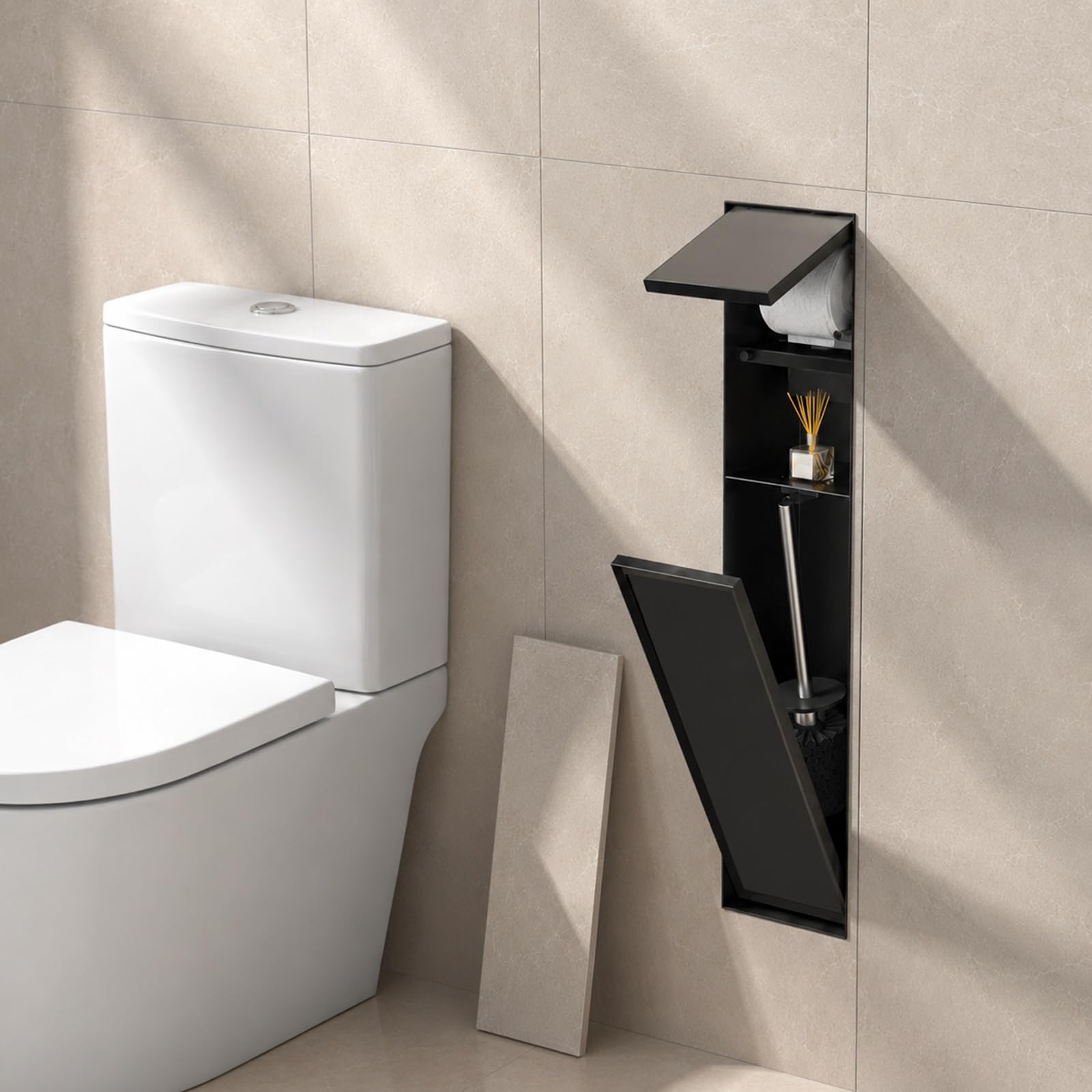 Recessed Toilet Roll Holder with Toilet Brush, in-Wall Bathroom Niche with Hidden Bin, Tileable Front Panel, 304 Stainless Steel Bathroom Storage Cabinet