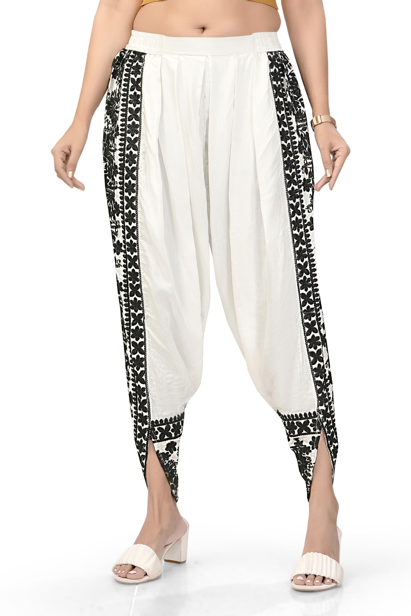 Women's Dhoti Style Pants with Floral Print Border, Elastic Waist, Available in White, Black, Silver, Green, Blue, Brown, and Lavender, Cotton (in, Alpha, L, Regular, White)-picture-39