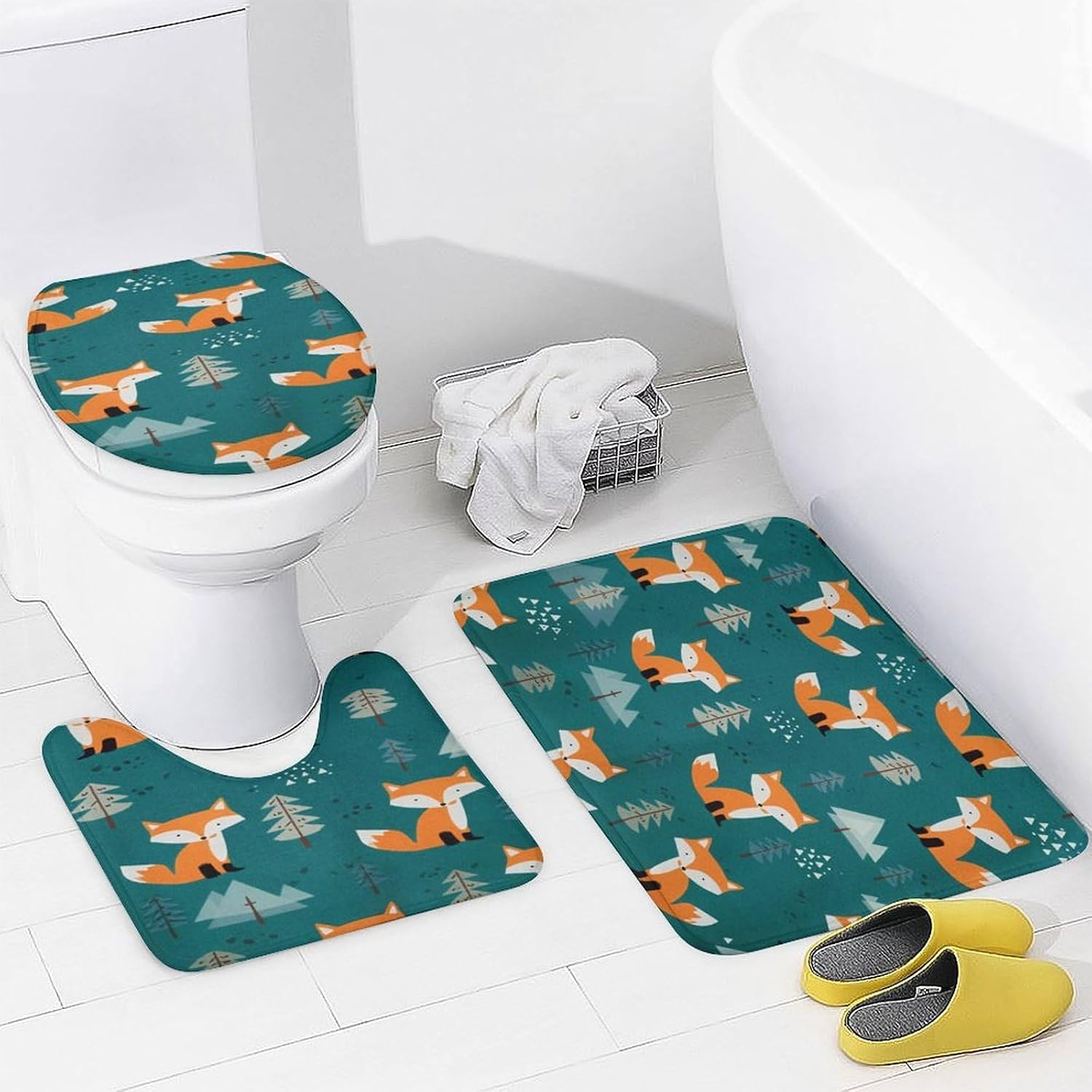 Fox Forest Cartoon 4 PCS Bathroom Set with Shower Curtain Rugs, Ultra Soft Coral Fleece Bath Mat, U-Shaped Rug, Toilet Lid Cover, 72" X 72"