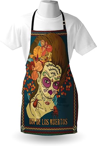 Miniatura 3 de Ambesonne Day of the Dead Apron, Dia de Los Muertos Skull Girl with Roses Hearts Print, Unisex Kitchen Bib with Adjustable Neck for Cooking