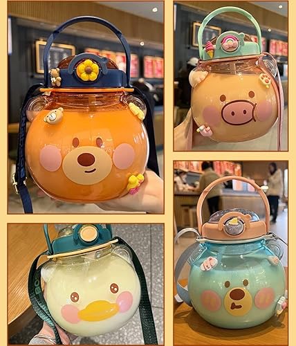 Miniatura 9 de Botella de agua grande Kawaii con correa y calcomanías de resina, botella de agua de 48 onzas con pajilla, botella de agua portátil redonda para