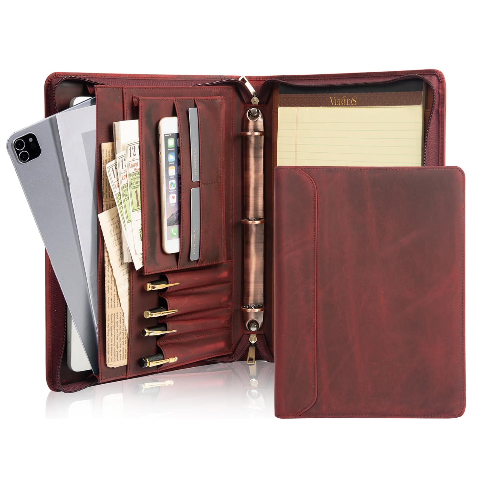 AZXCG Skórzany segregator Padfolio, 3 segregatory pierścieniowe z notatnikiem w formacie A4, zapinany na zamek organizer biznesowy, męski skórzany Compedium, prezent dla kobiet, czerwony