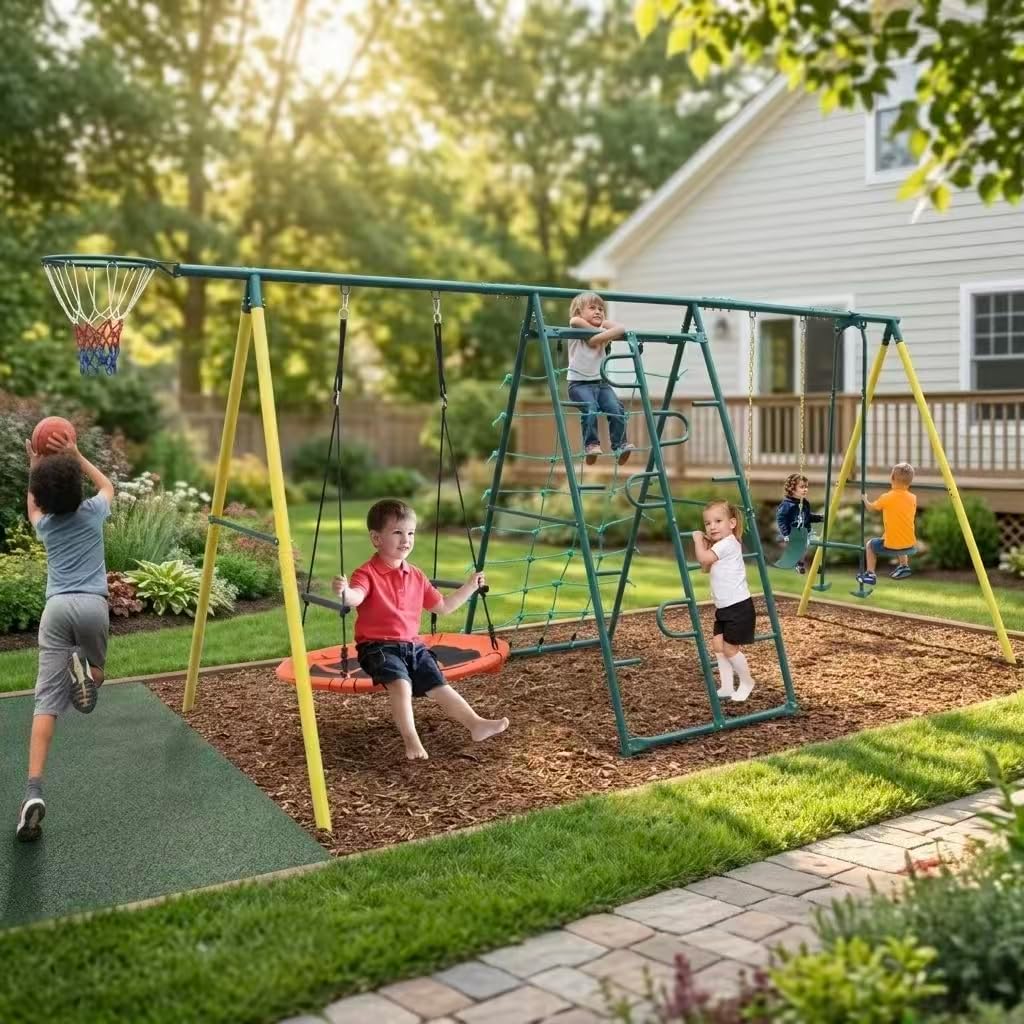 6 in 1 Outdoor Swing Set for Backyard, Heavy Duty Steel A-Frame Playset with Climbing Frame, Climbing Net, Glider, Hammock, Belt Swing and Basketball Rim, 700lbs Weight Capacity for Kids & Toddlers