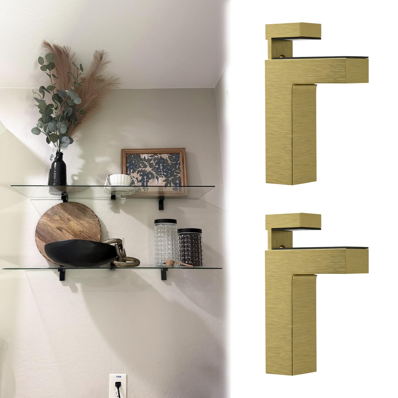 2 Pcs F-Shaped Glass Clamps for Shelving Wall Mounted, Adjustable Heavy Duty Shelf Brackets, Zinc Alloy Organization Shelves Brackets(Gold)