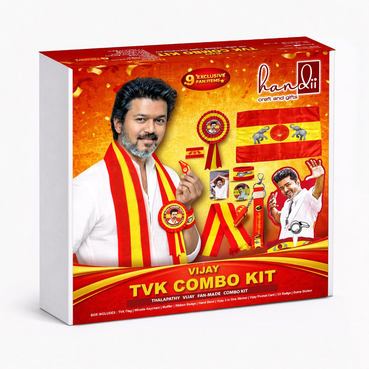 Vijay TVK Combo Kit - TVK Supporter Kit with Flag, Whistle Keychain, Ribbon Badge, Muffler, Vijay Sticker & Hand Band | Fan Merchandise Kit-picture-20
