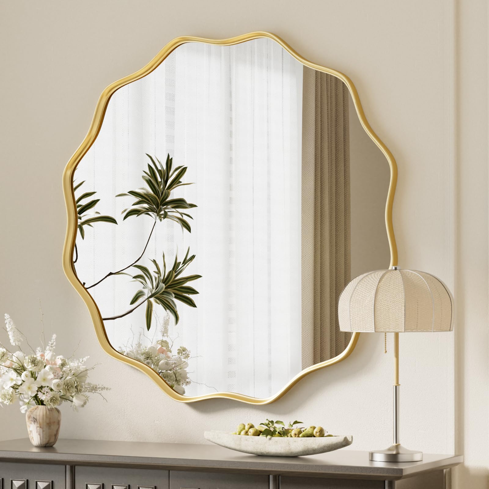Koonmi Grand miroir rond à bord ondulé de 75 cm avec cadre en métal texturé à suspendre ou à poser au mur pour salle de bain, entrée, salon, doré