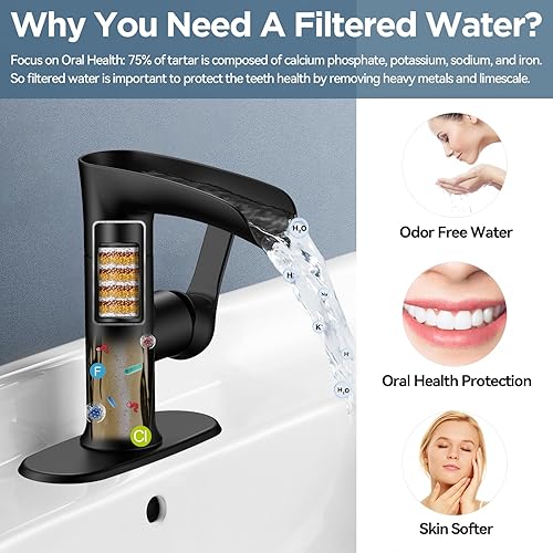 Miniatura 2 de MakeFit Grifos de baño en cascada con filtro, grifo de lavabo de baño filtrado 2024, grifo negro para fregadero de 1 agujero y 3 agujeros, juego de