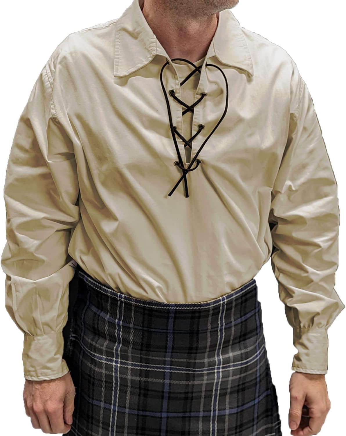 - Men’s Long Sleeve Shirt, Jacobite Ghillie Shirt for Kilts, w/Leather Tie