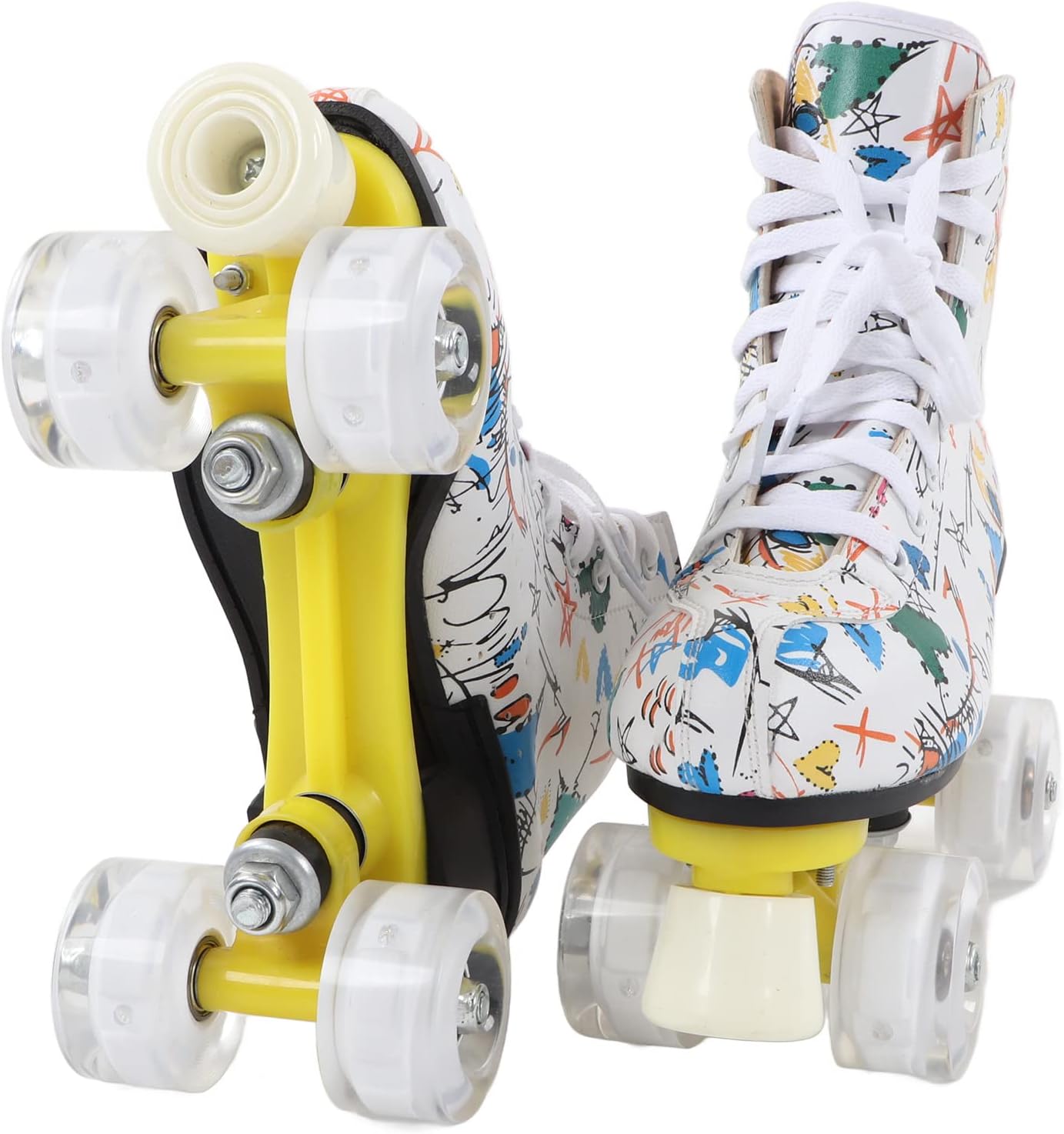 Roller Skates, Double Row, 4 Wheel Roller Skates, White Graffiti Roller Skates, Skating Shoes for Children and Adults