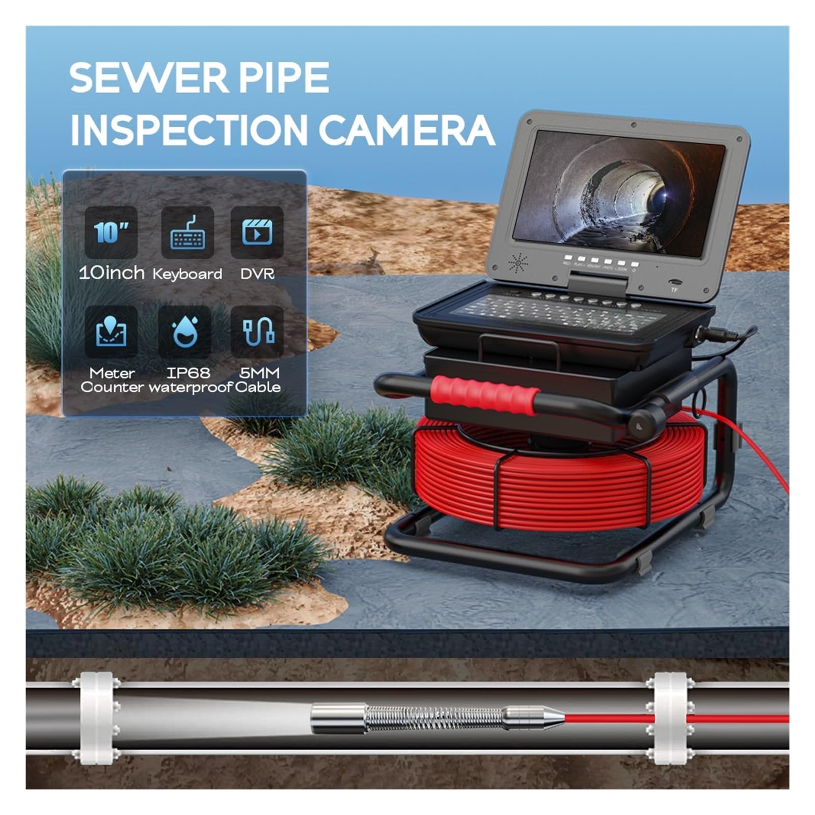 Cámara de inspección de drenaje Cámara De Inspección De Tuberías De Alcantarillado DVR IPS 1080P De 10" Con (localizador De 512 Hz), Contador De Metros, Boroscopio, Ampliación De Imagen De 5X(50m,23MM