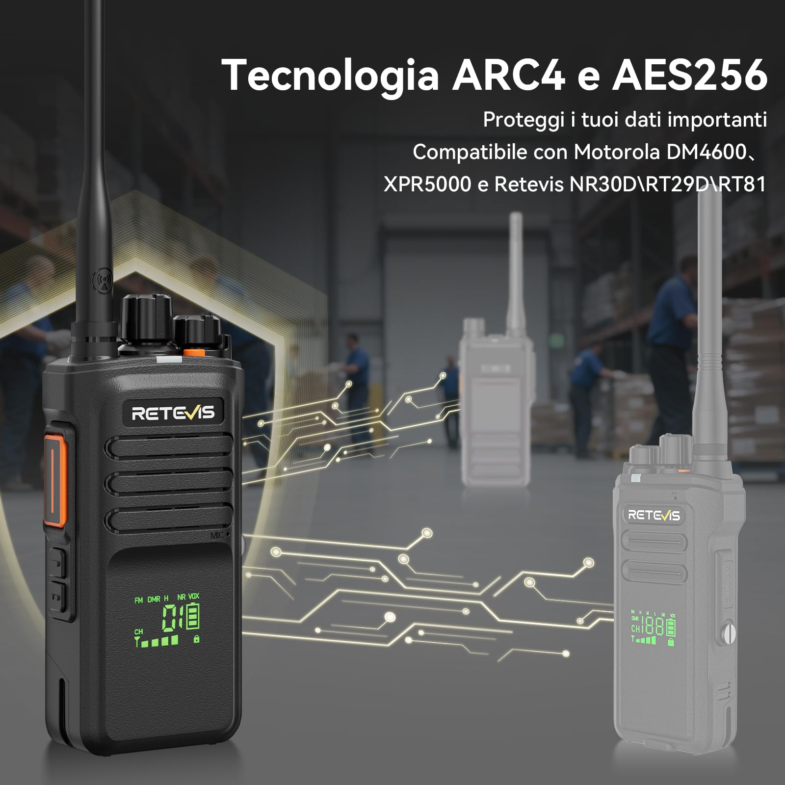 Retevis NR40 Ricetrasmittente DMR, Walkie Talkie IP67 Impermeabile | 2800mAh, Resistenza agli Urti, Audio Chiaro, per Edilizia e Fabbriche, Nero, 2 Pezzi