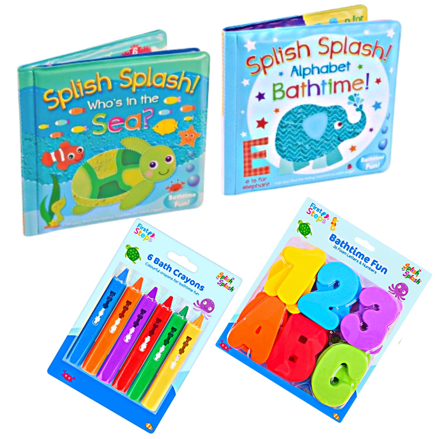 EDUCATIONAL BATH TOYS FOR TODDLERS AND BABY 1,2,3 YEAR OLDS- Set of 2 Baby Learning Bath Book, Foam Bath Letters and Numbers 36pcs and 6 Colourful Bath Crayons