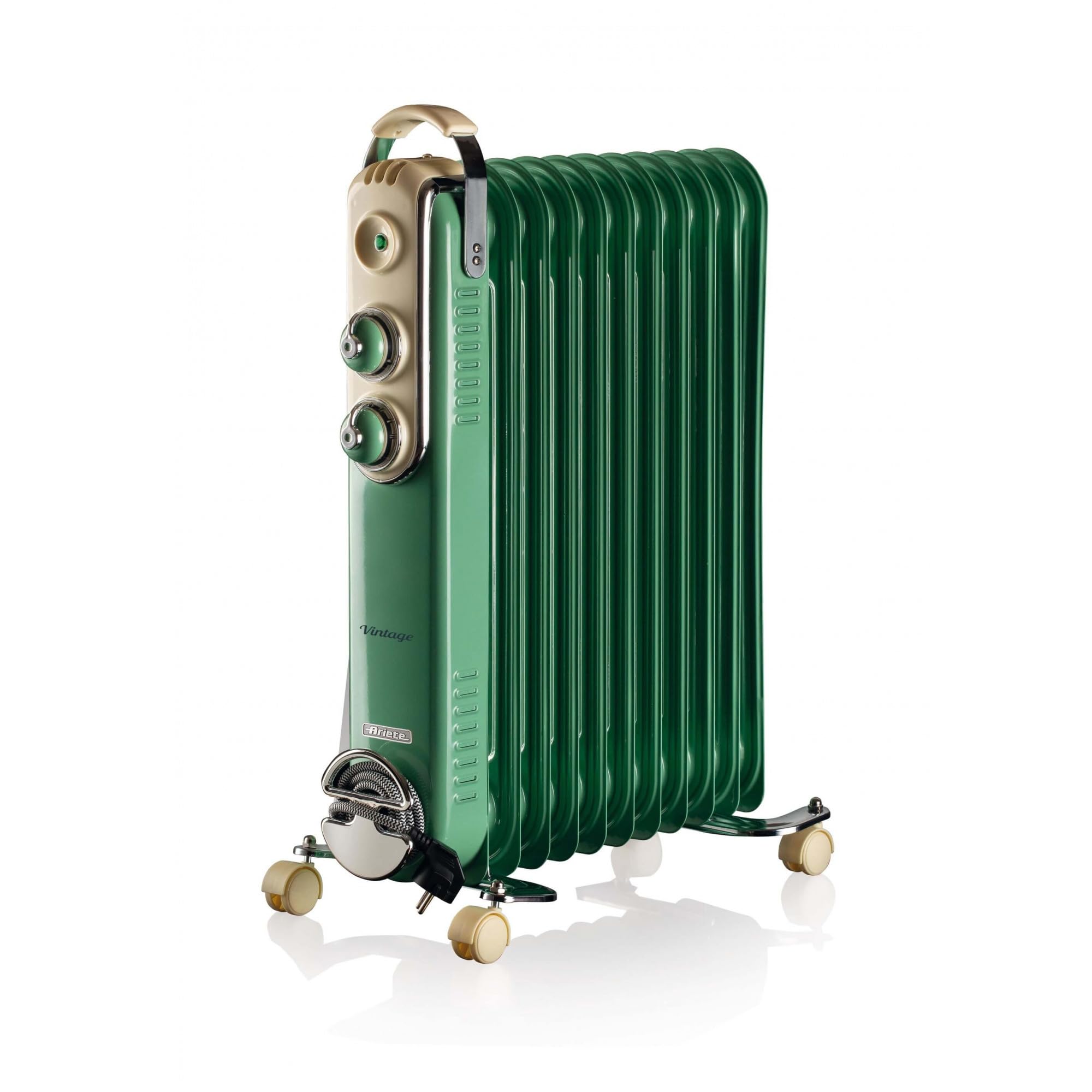 Ariete Vintage Oil Radiator with 11 Heating Elements, Adjustable Temp at 3 Power Levels 1100W, 1500W, 2500W, Swivel Wheels, Fast Room Heater Ideal for Bedroom, Home and Office - Green ‎ART839