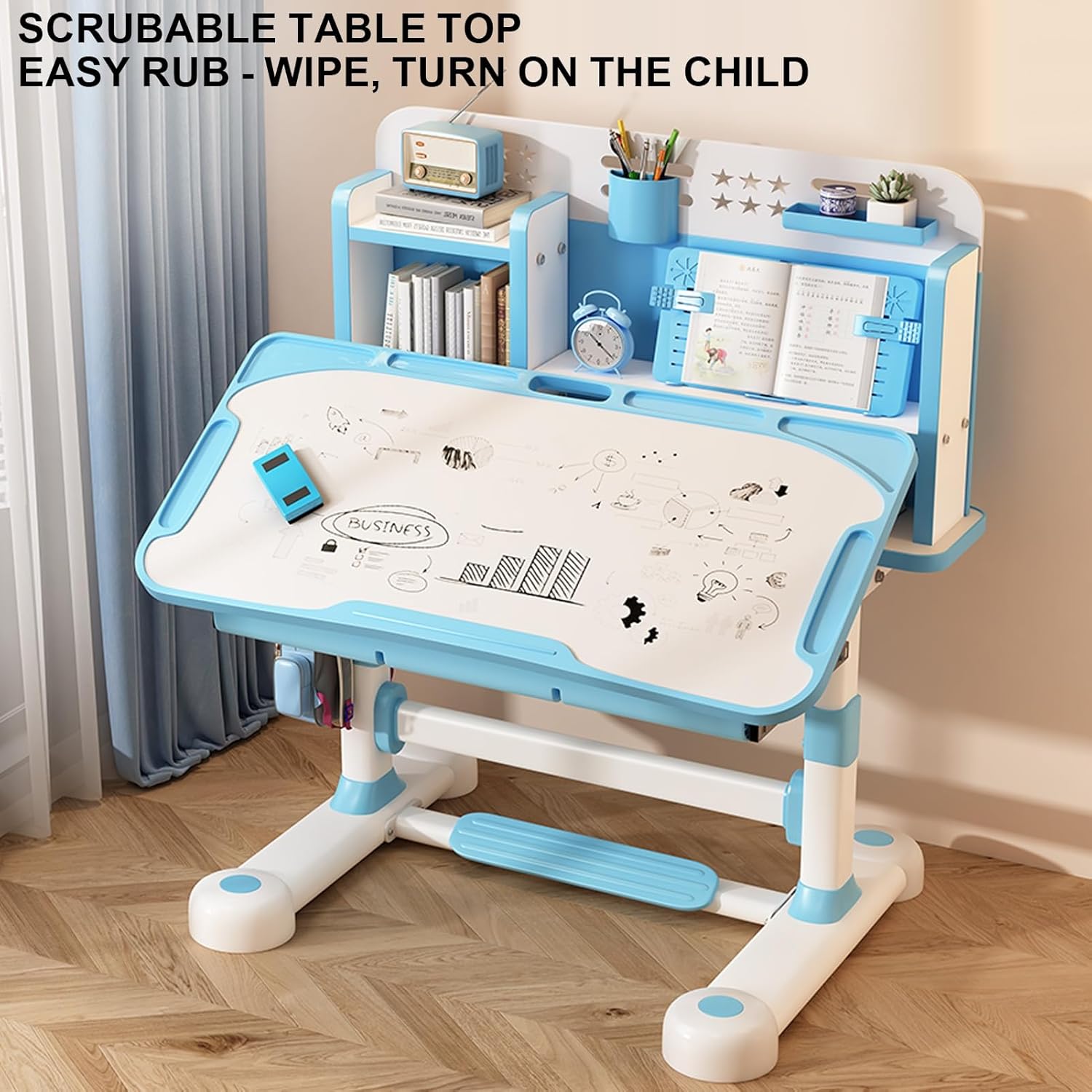 Kids Desk Chair Set,Children School Study Table Chair Set with Sitting Corrector Height Adjustable Ergonomic Desk Chairs with Book Stand Foot Pedal Partition Design for Home Boys Girls Youth Blue