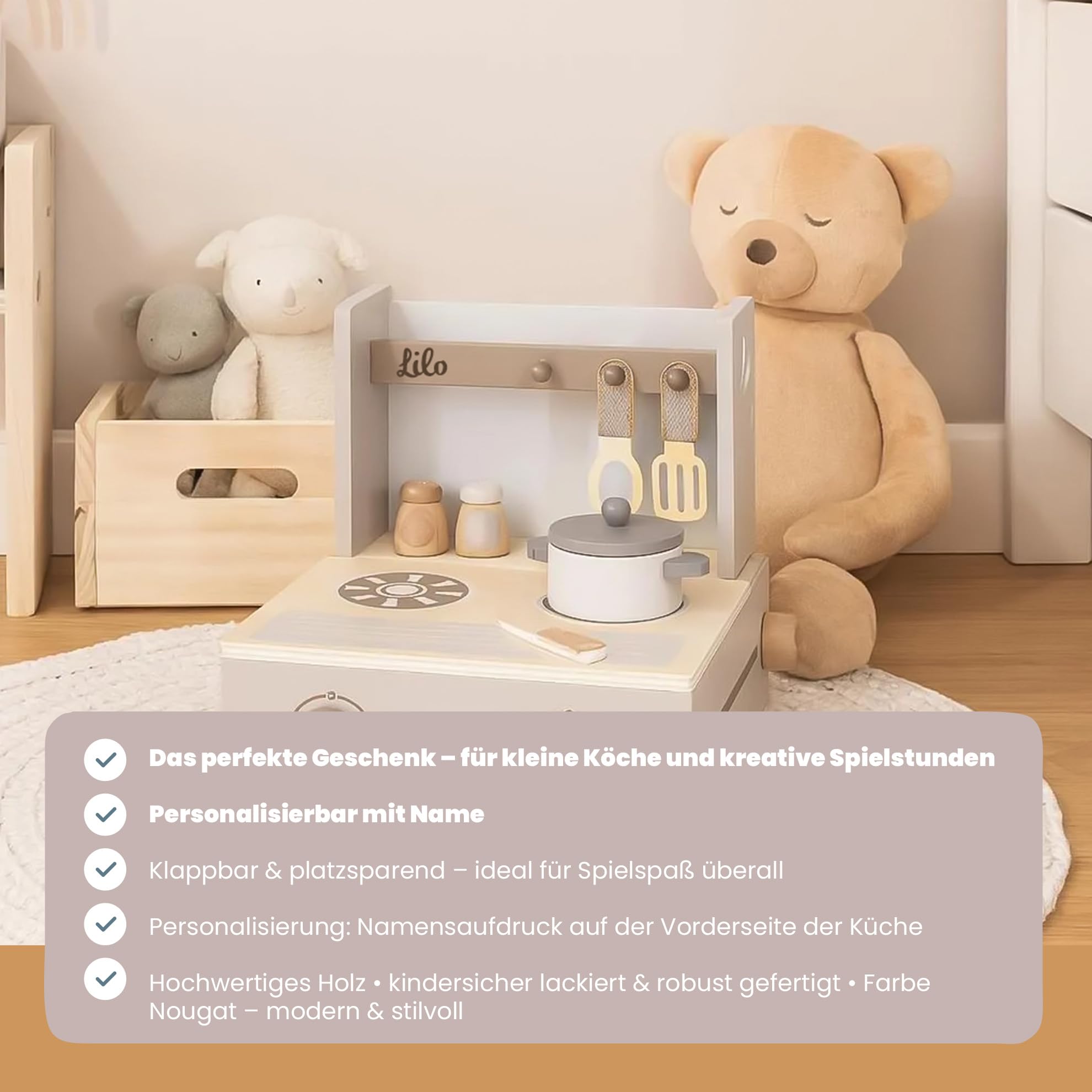 Personalisierbare Holz-Kinderküche klappbar Nougat – platzsparend & mit Zubehör – für Kinder ab 3 Jahren – mit Namen personalisiert – Label Label
