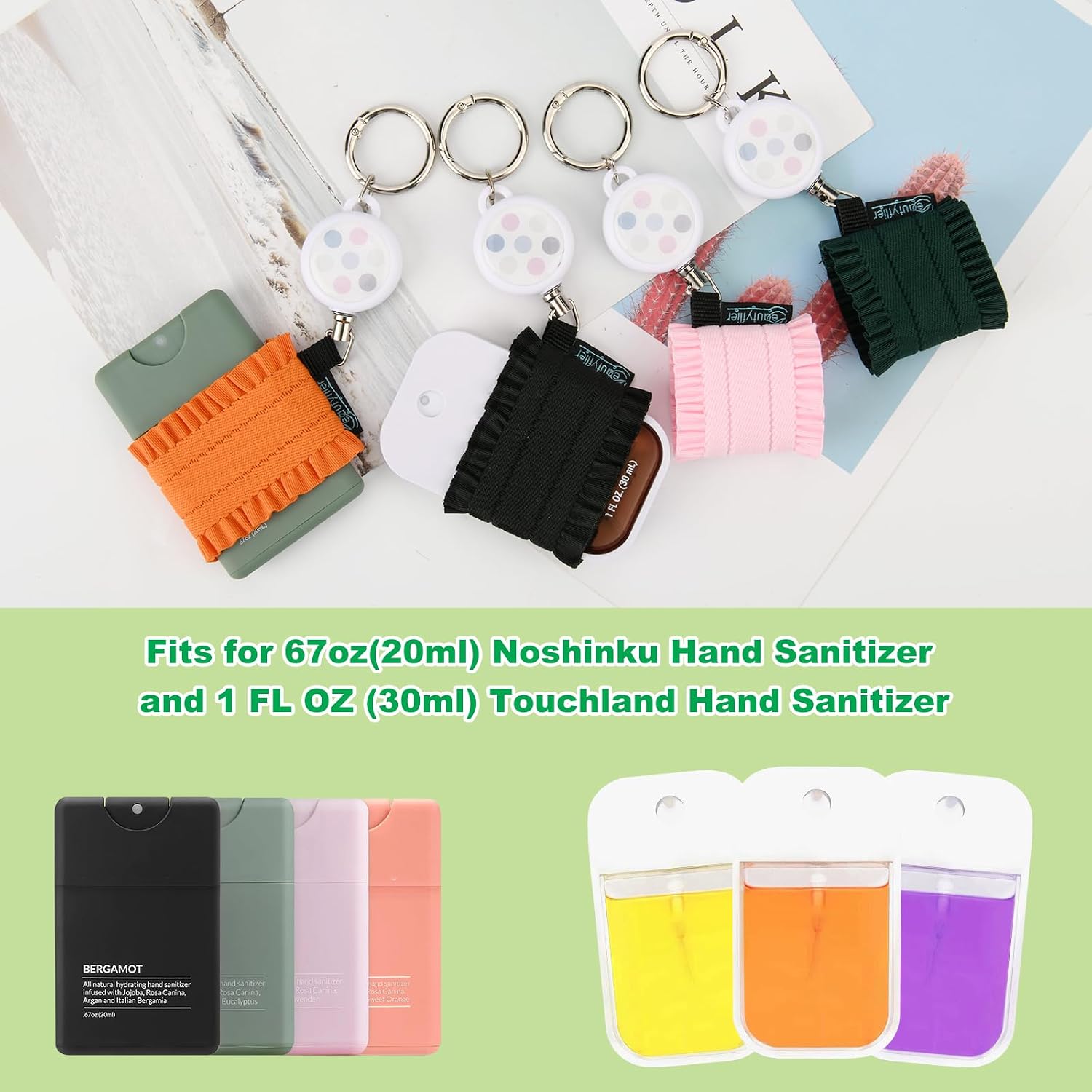 Beautyflier Pack of 4 Elastic Sleeve for Noshinku Pocket Hand Sanitizer 67oz, Colorful Holder Sleeve for Touchland Power Mist Hand Sanitizer Spray, with Keychain, Great for Travel (Style B)