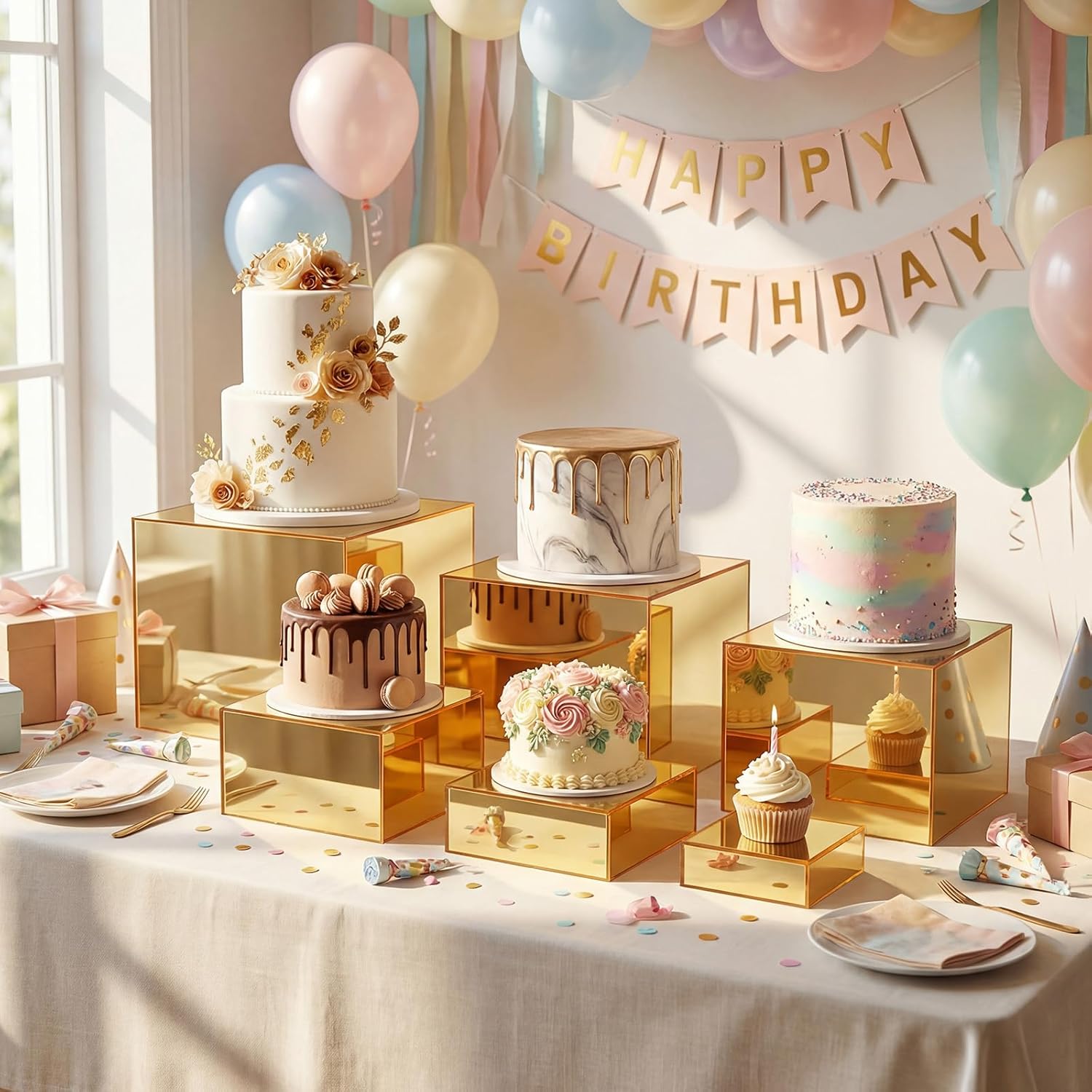 Geelin 6 Pack Acrylic Risers for Display Acrylic Cube Boxes Risers Display Stands with Hollow Bottoms Decorative Stand for Jewelry Candy Table Decor 6 Sizes(Gold,3 to 8 Inch,Square)