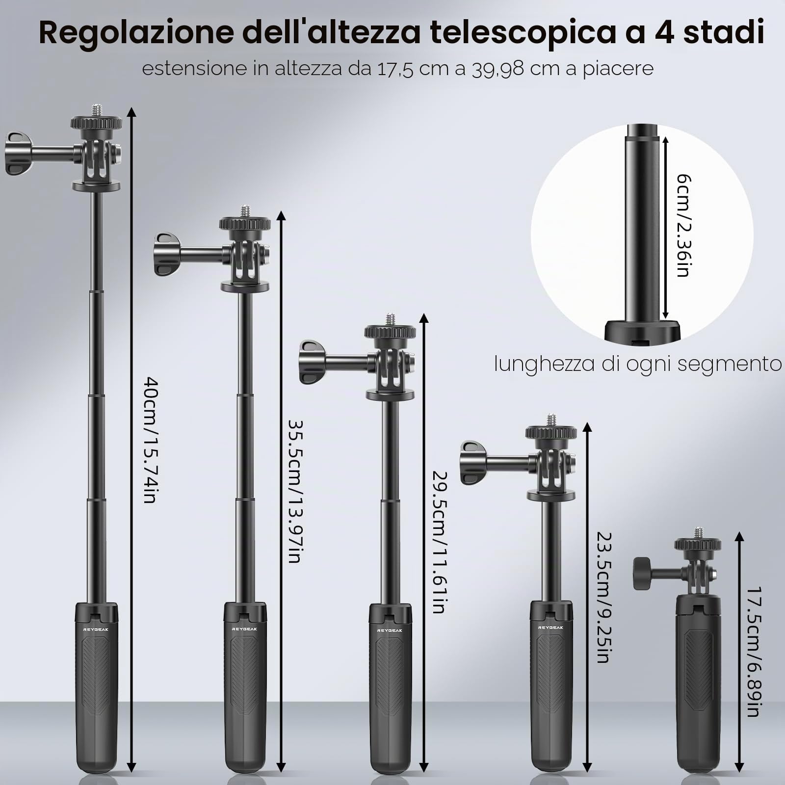 REYGEAK 40 cm Selfie Stick Treppiede per GoPro, mini treppiede 2 in 1 per DJI Osmo Pocket 3, GoPro Hero 13/12/11/10/9/Max, Osmo Action 5 Pro/4, Insta-360 X5/X4