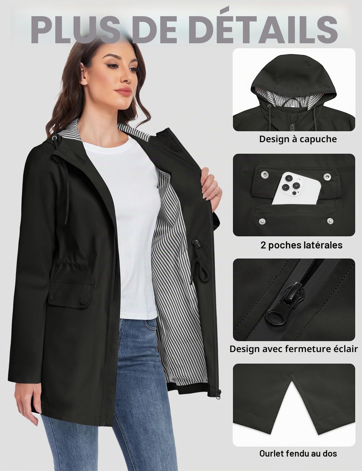 Yuson Girl Manteau Femme mi Saison Long Léger Manteau Parka Coupe Vent Élégante Veste de Printemps avec Capuche Cordon de Serrage Décontracté Blouson pour Printemps Eté et Automne