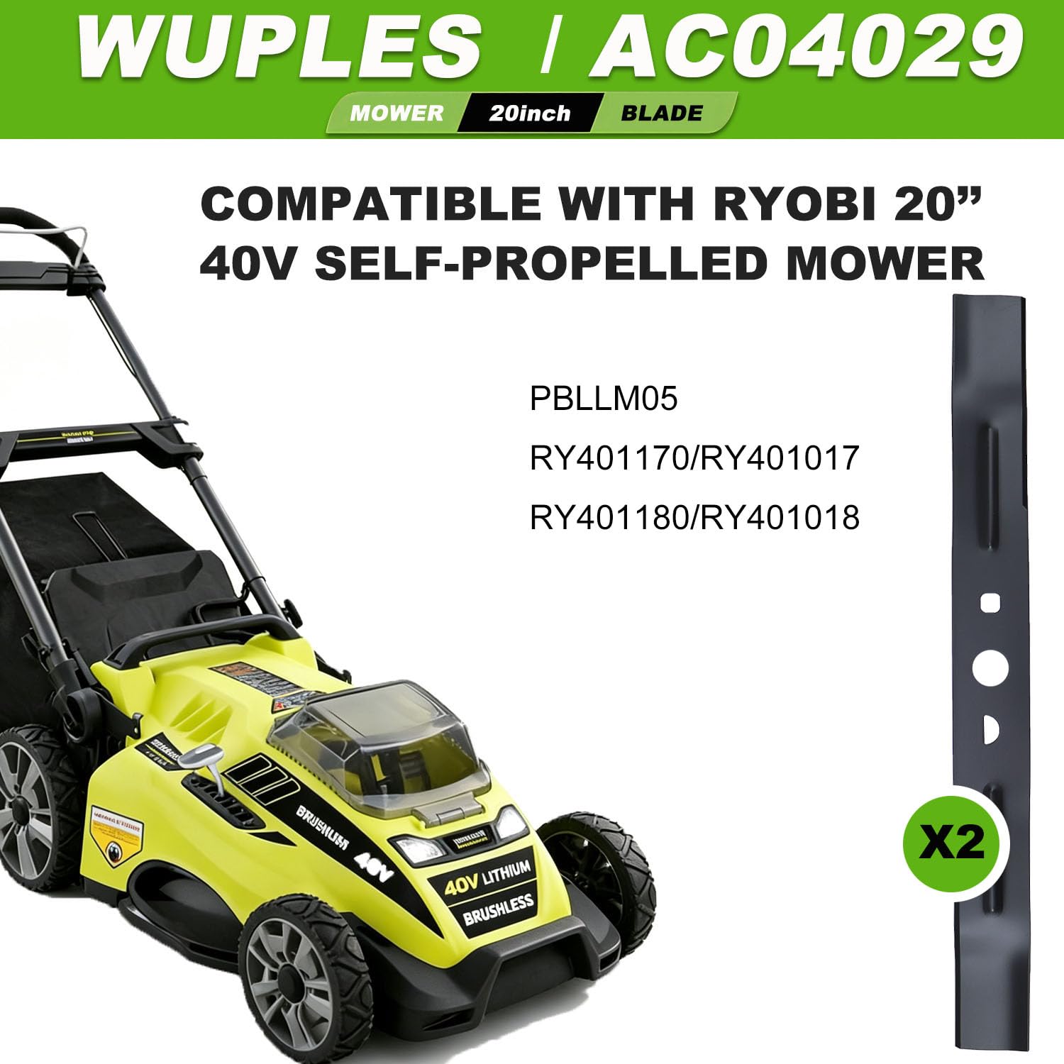 Lama per tosaerba AC04029 da 50,8 cm, ricambio per tosaerba Ryobi RY401018 RY401170 RY401017 RY401180 50 cm 40 V brushless, mezza luna e foro quadrato arrotondato, lama in acciaio a basso