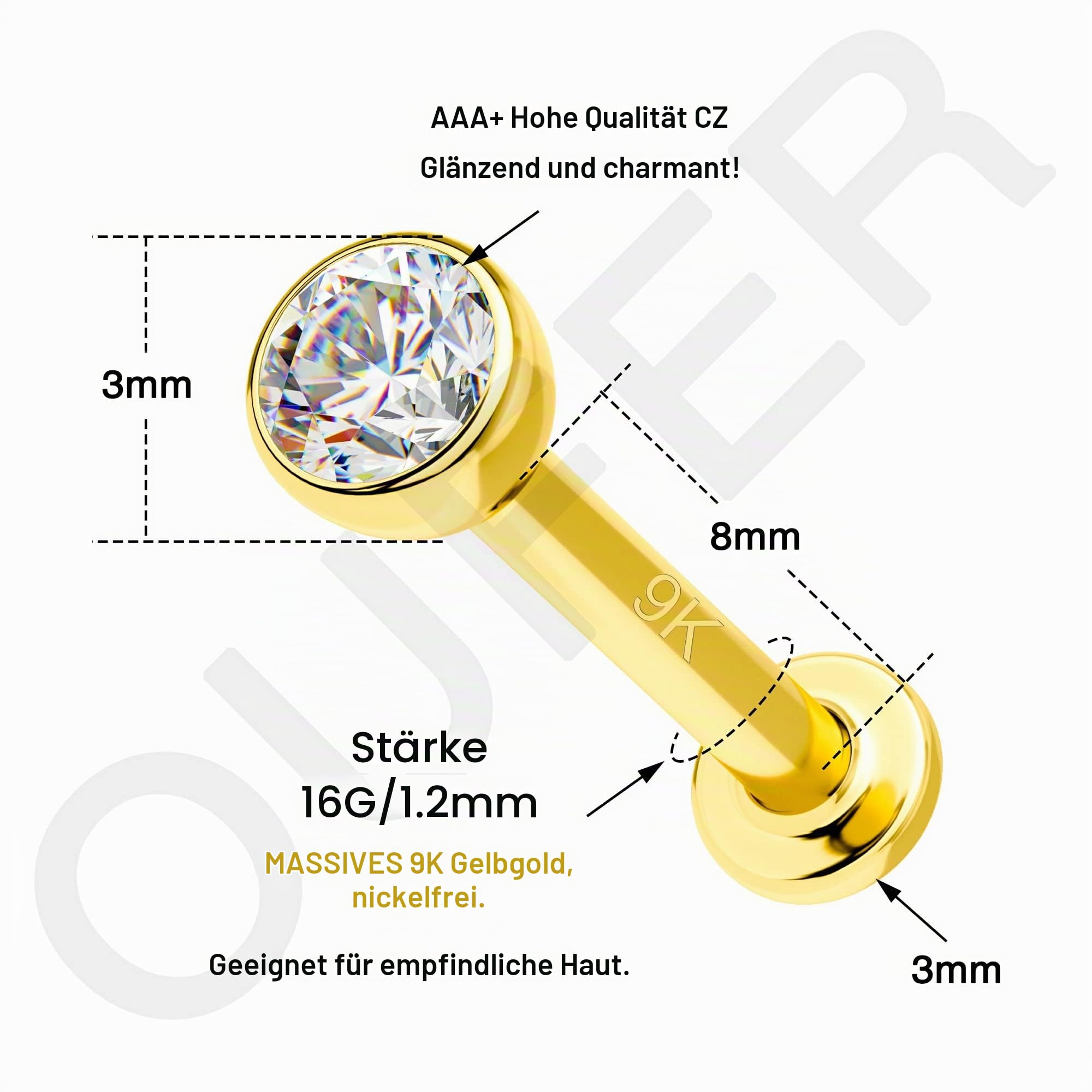 OUFER 16G 9K Gold Lippenpiercing 8 mm Lip Piercing Helix Stud Ear Conch Ring Labret Bar Medusa Monroe Ohrpiercing Knorpel Tragus Cartilage Earrings Schmuck Women Men
