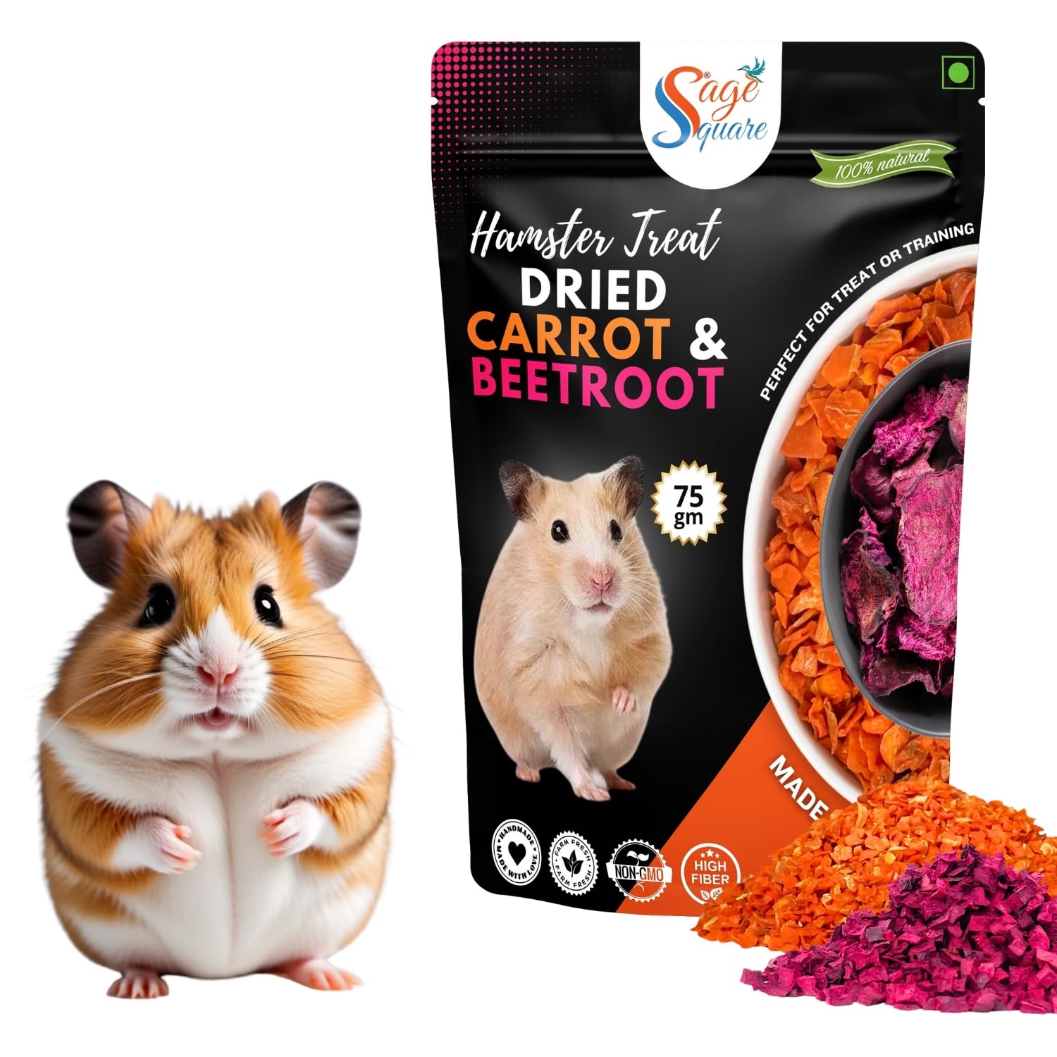 Sage Square Hamster Dried Carrot & Beetroot Flakes Treats – Natural, Healthy & Tasty Snacks | Rich in Fiber & Vitamins | No Artificial Preservatives | Low Fat, Digestible | Training, Chewing | 75g-image-5