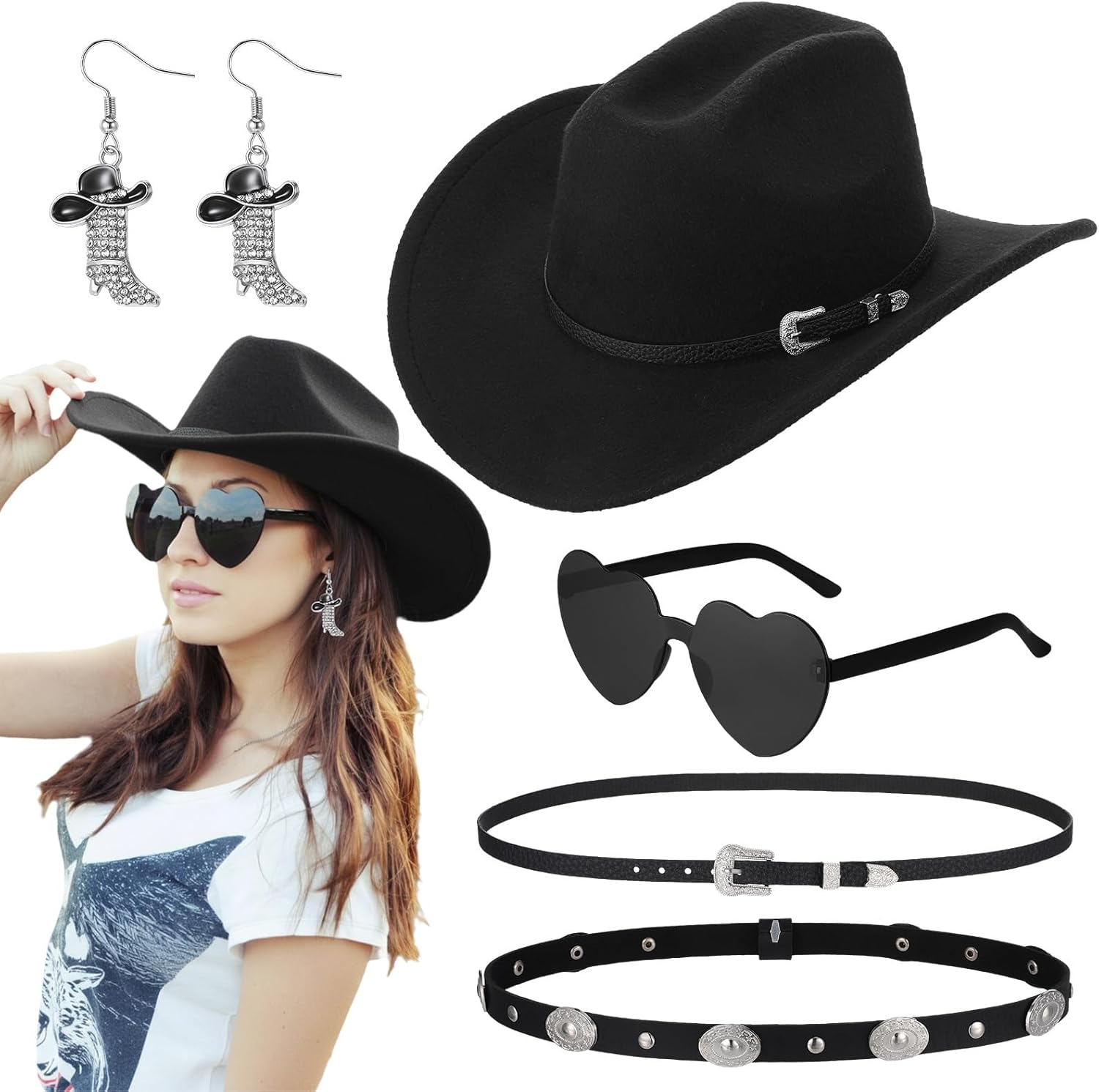 5 Pcs Western Cowboy Hat Set with Two Decorative Bands Earrings Heart-Shaped Sunglasses for Men Women Cosplay Party Black