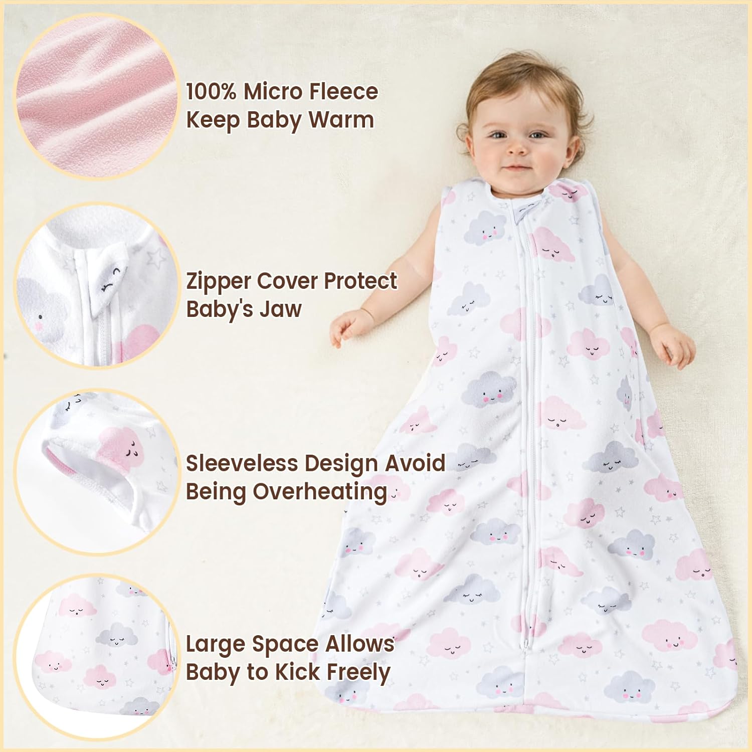PHF 3 Pack Warm Micro-Fleece Baby Sleep Sack 6-12 Months, Soft Baby Wearable Blanket, 2-Way Zipper Sleeping Bags, Comfy Toddler Sleeping Sack for Girls, Medium Size, Clouds - Image 2