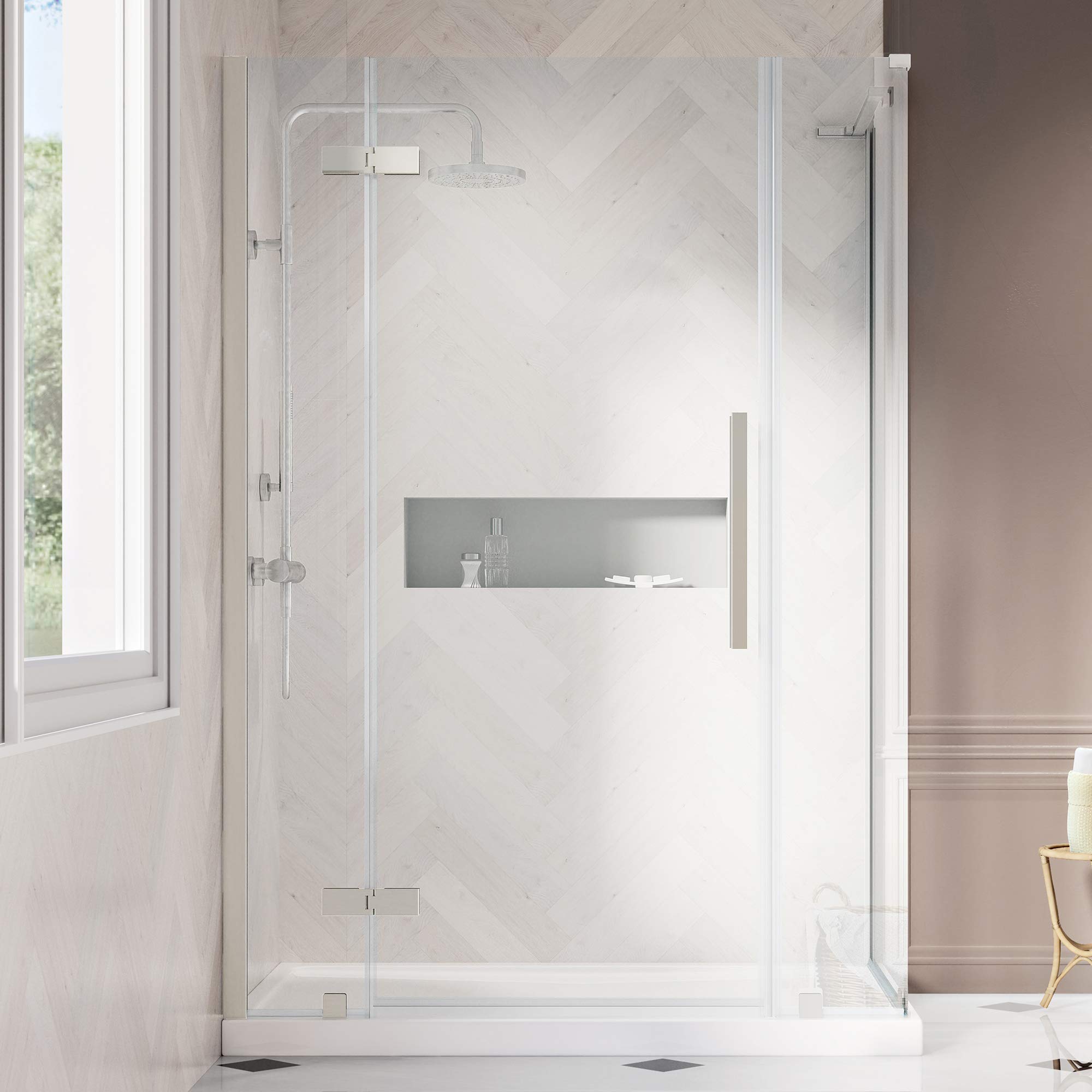 OVE Decors Endless TA1333220 Tampa, Corner Frameless Hinge Shower Door and Base, 48 in. W x 74 3/4 in. H, in Satin Nickel
