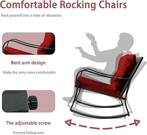 Miniatura 6 de Kozyard Juego de 3 sillas mecedoras para exteriores con mesa auxiliar y cojines, juego de muebles de mimbre para jardín, porche, patio trasero,