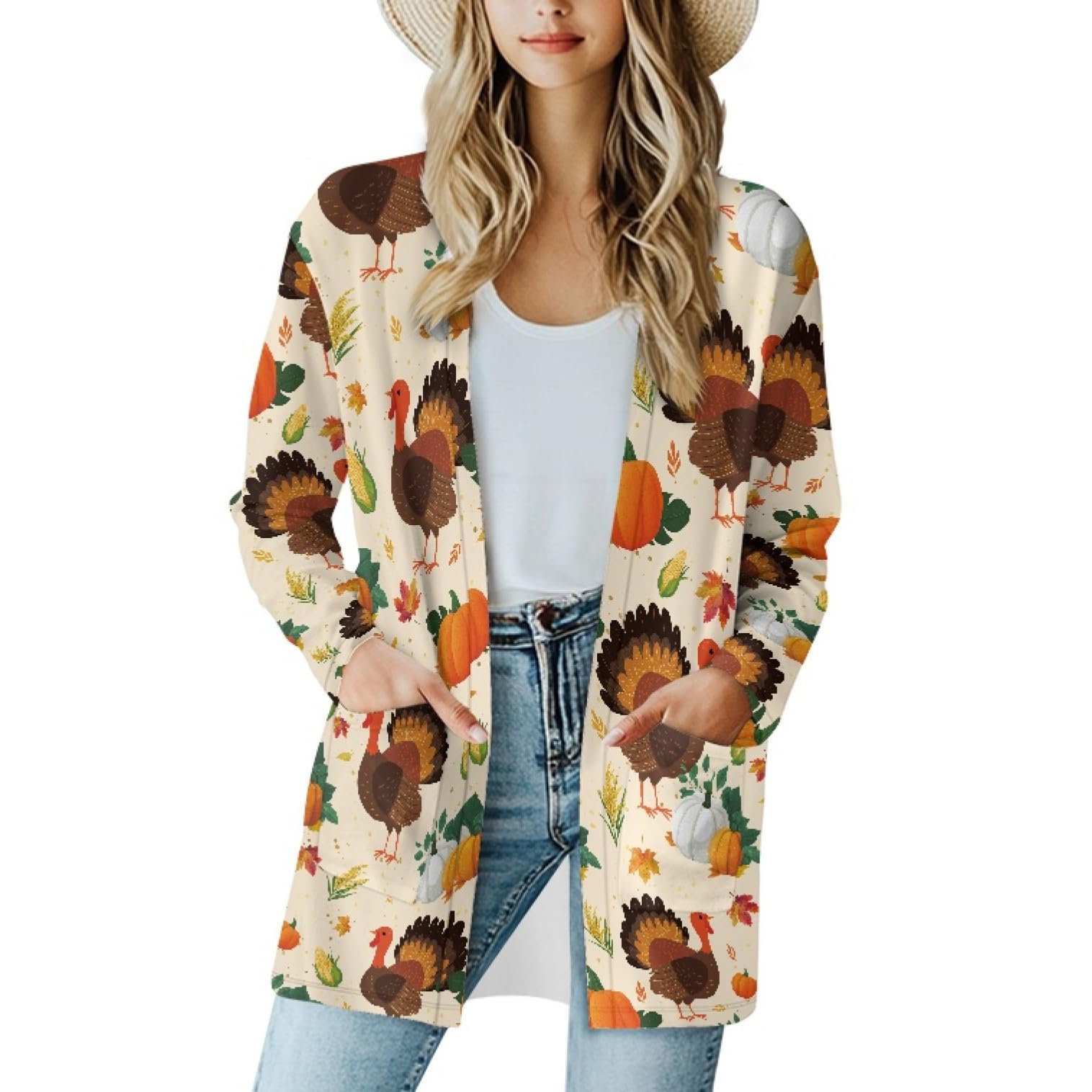 Fall Maple Leaf Cardigan Sweaters for Women Long Sleeve Cardigan Soft Drape Open Front Dusters V-Neck Jackets Dressy
