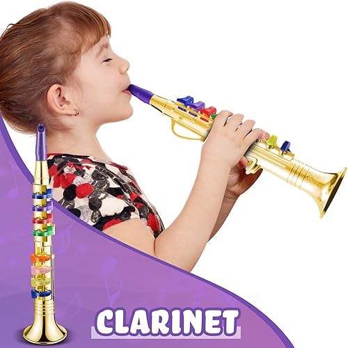Miniatura 3 de Amylove Juego de 2 instrumentos musicales que incluyen trompeta de juguete y saxofón de juguete, trompeta de plástico, clarinete portátil con teclas