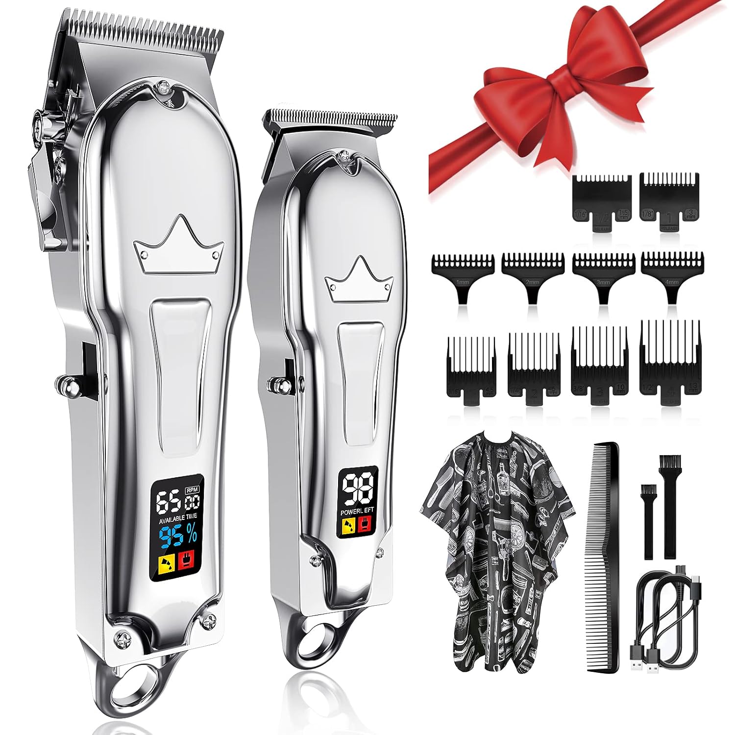 LURNOFY Hair Clippers for Men + T-Blade Trimmer Kit, Professional Edgers Barber Clippers Set Cordless Rechargeable Zero Gapped Beard Trimmer for Hair Cutting Grooming Kit with LED Display (Silver)