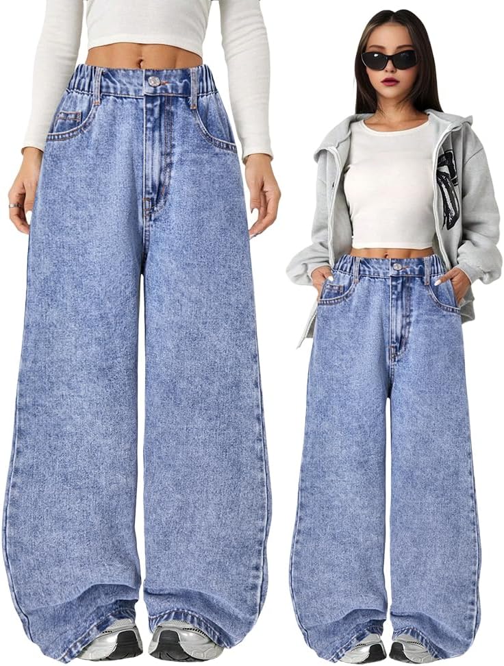 Nivne Tco Tween Girls Baggy Jeans Casual Elastic Waist & Zipper Fly Streetwear Wide Leg Denim Pants with Five Pockets